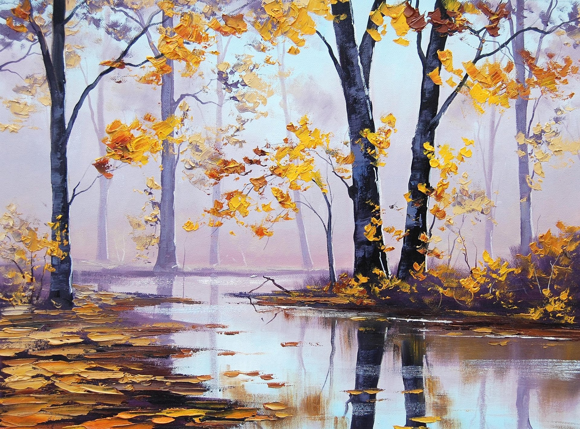 arte artsaus natura autunno alberi fiume foresta foglie gialle