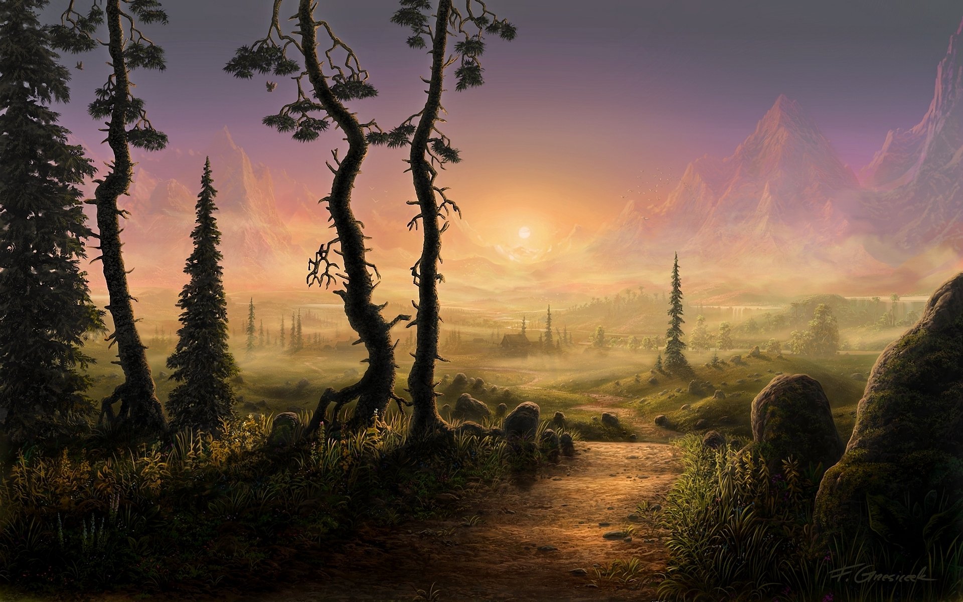 sztuka zbezczeszczone-x krajobraz drzewa góry droga ścieżka ścieżka słońce poranek kamienie świerk domek mgła