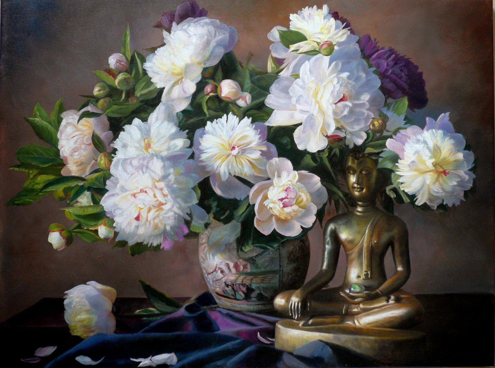 peinture zbigniew kopania nature morte fleurs bouquet pivoines vase pétales statuette bouddha