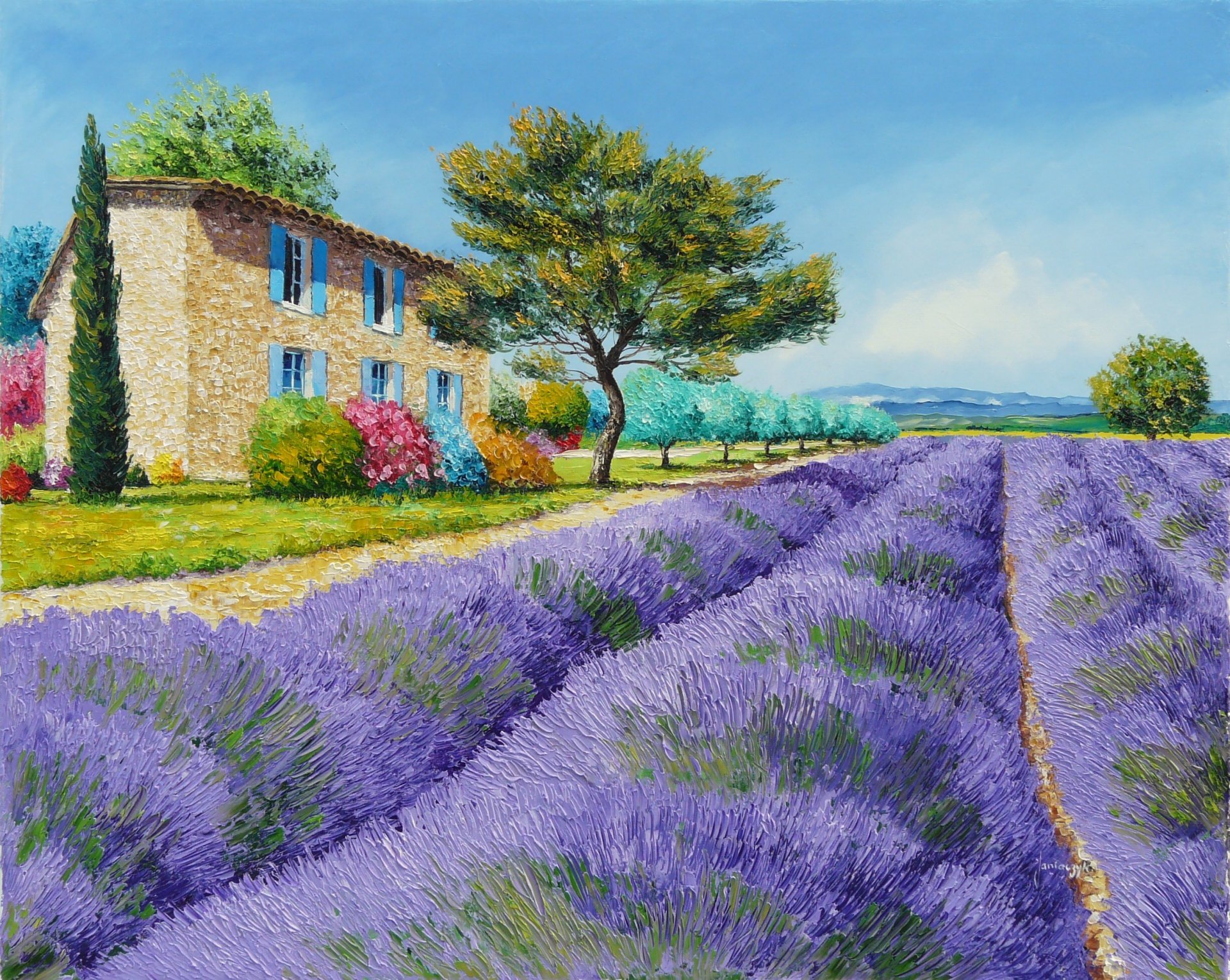 pittura arte paesaggio jean-marc janiaczyk campo fiori lavanda provenza casa alberi cespugli montagne