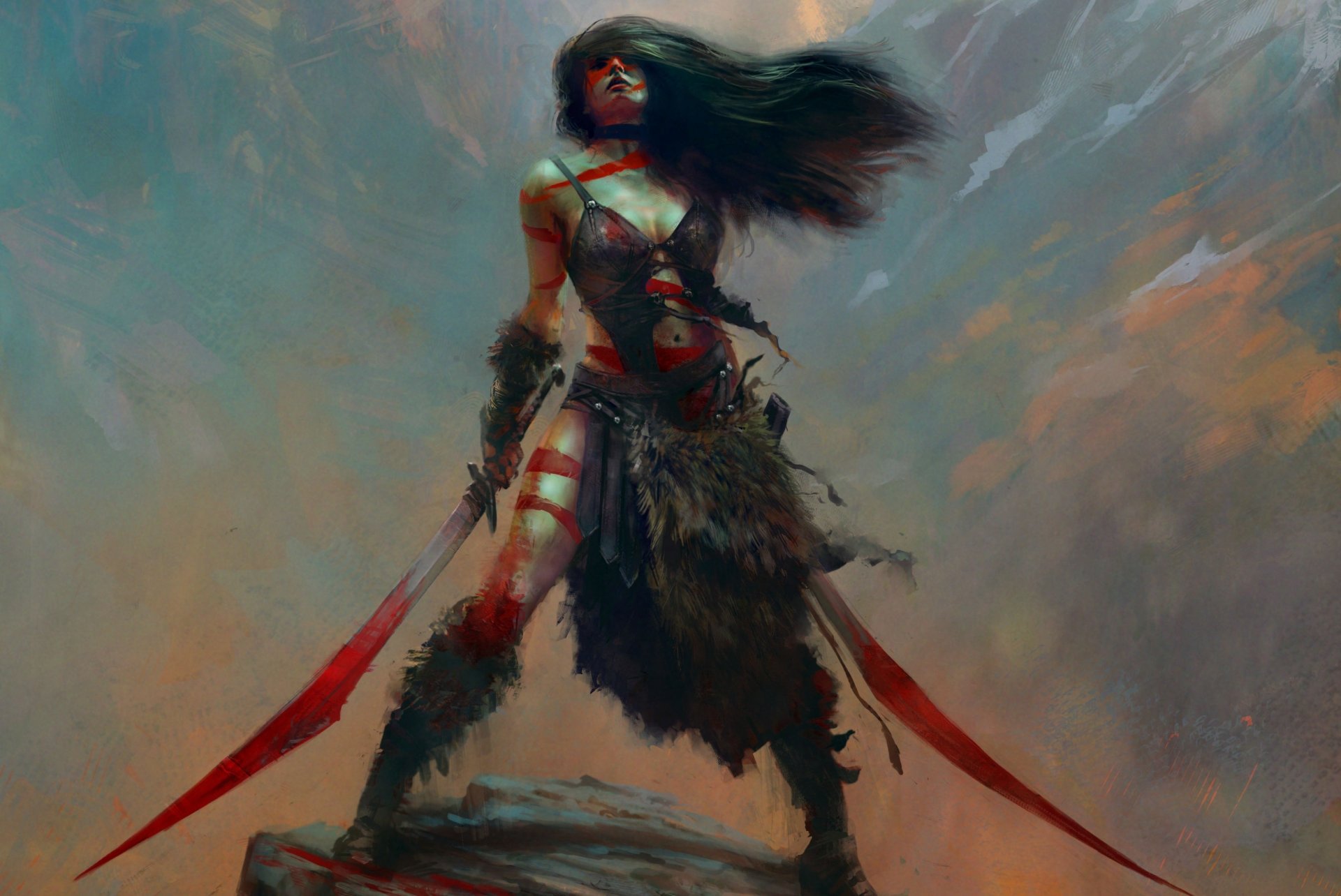 art maciej kuciara girl weapon fantasy rock stone