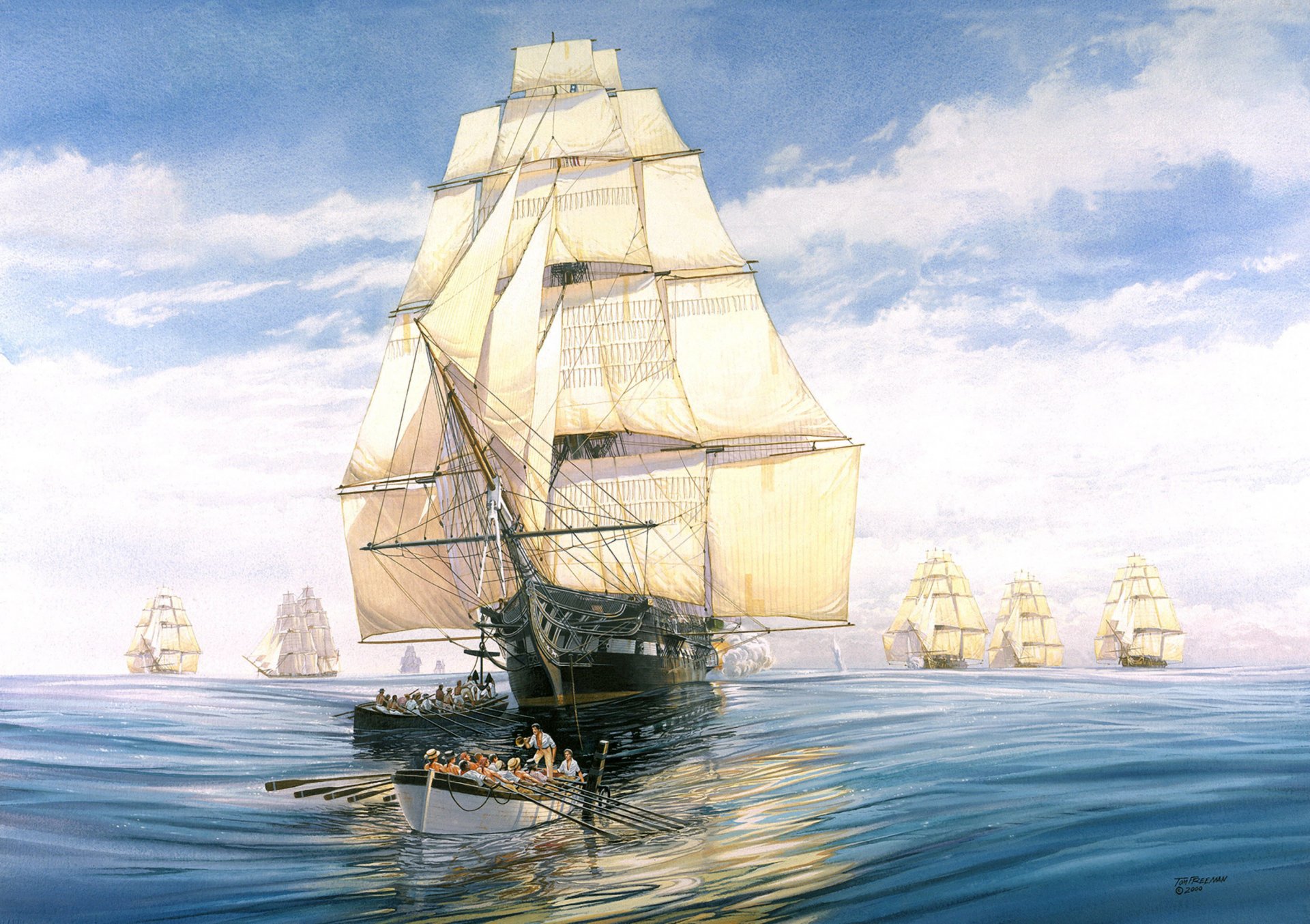 arte marina pintura escuadrón veleros vela calma barcos aterrizaje artista tom freeman