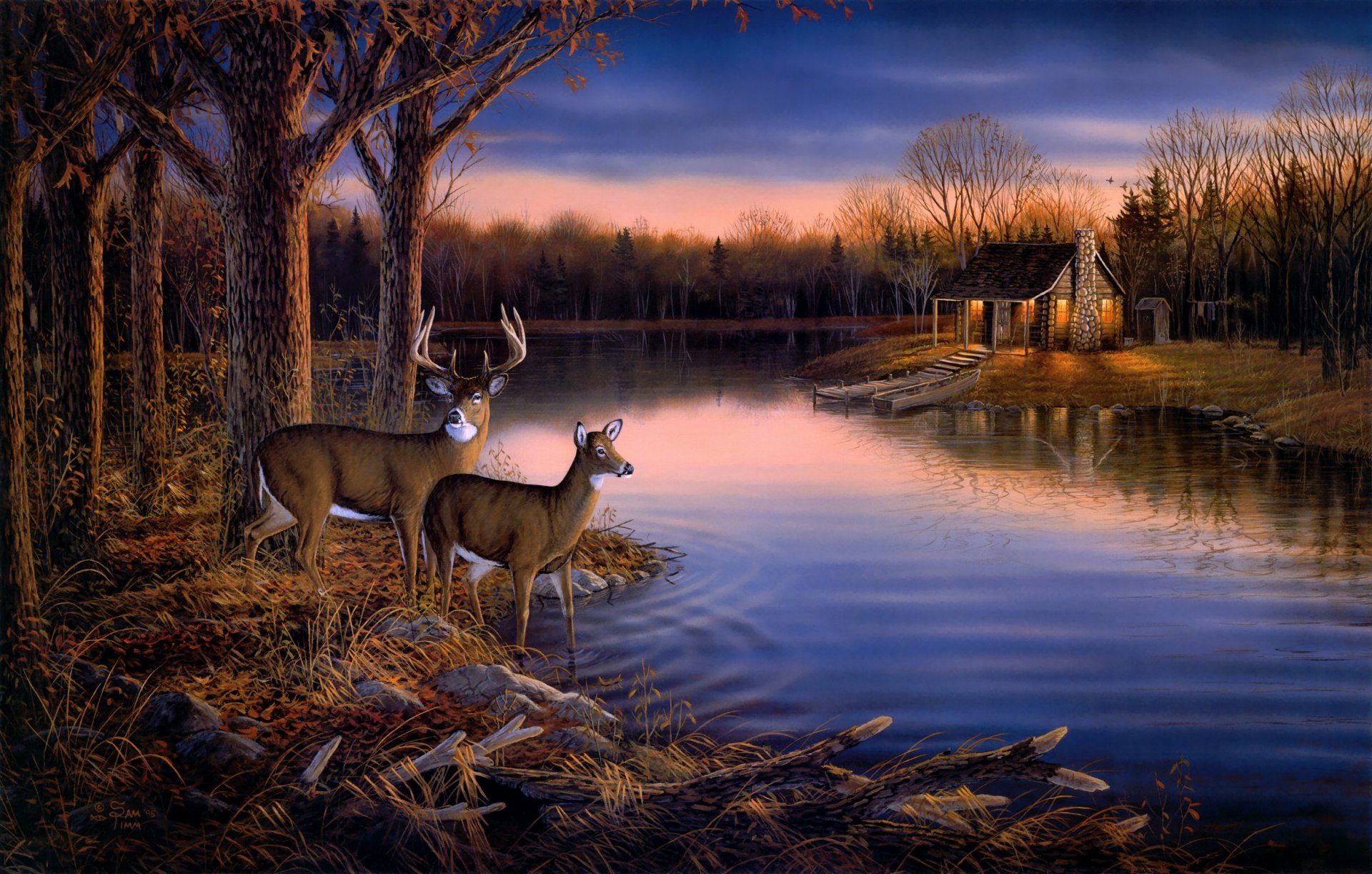 am timm tranquil evening painting art animals reindeer night sunset autumn nature forest tree lake pond river water boat house