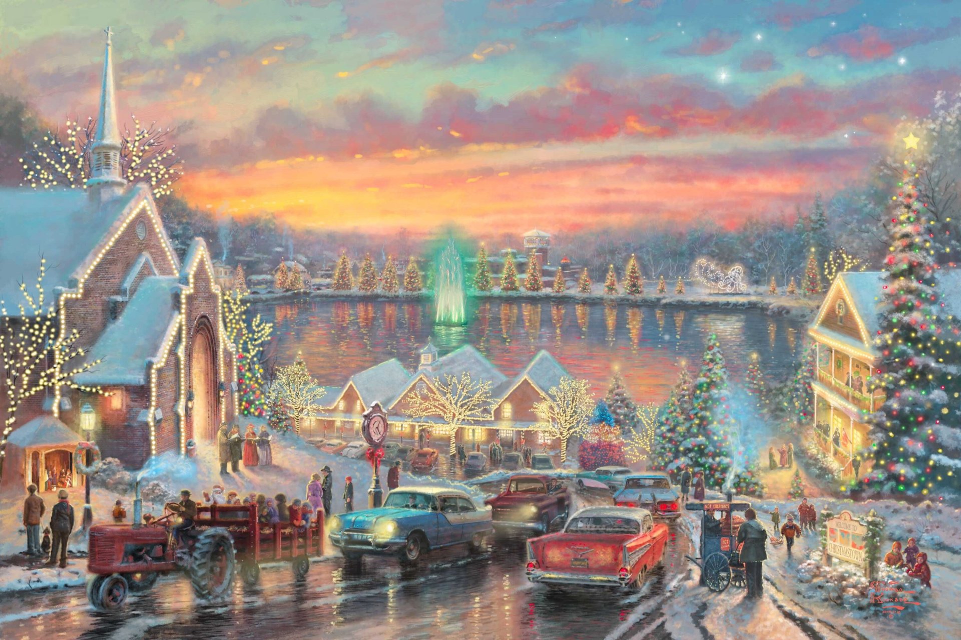 the lights of christmastown thomas kinkade christmastown mcadenville north carolina united states painting town christmas river south fork spruce christmas tree garland colored lights house street road machinery night holiday new year watches church firew