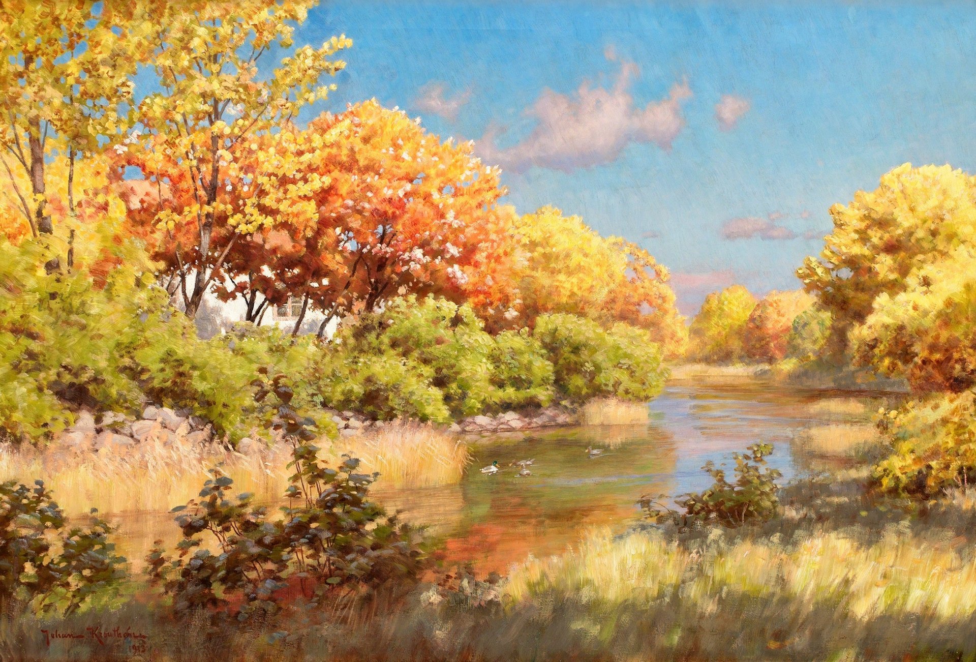 pittura paesaggio johan krouthen autunno alberi fiume acqua riva anatre villaggio cielo nuvole