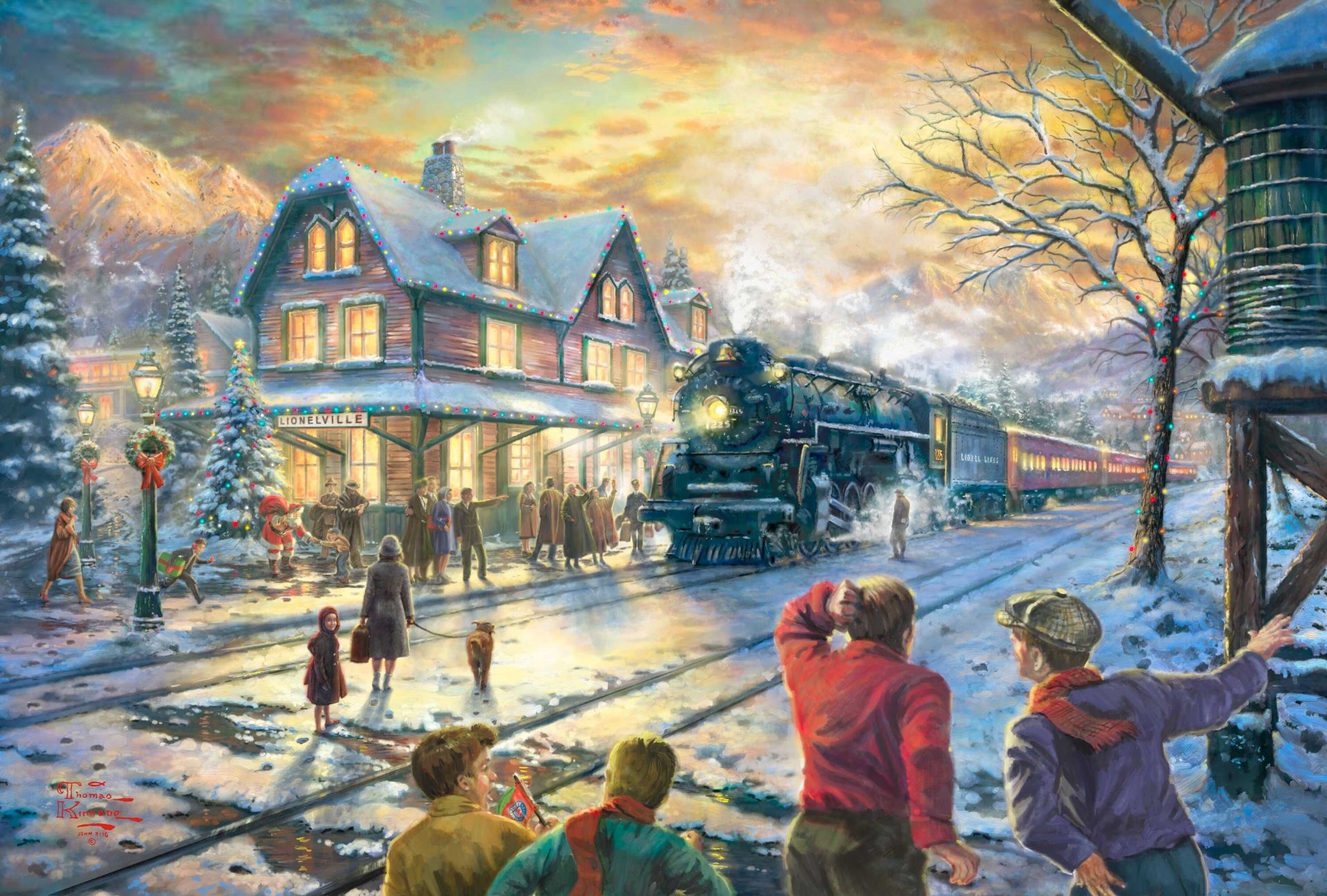 all aboard for christmas thomas kinkade painting lionelville winter holiday christmas santa claus night lights house station train railroad snow spruce garland new year