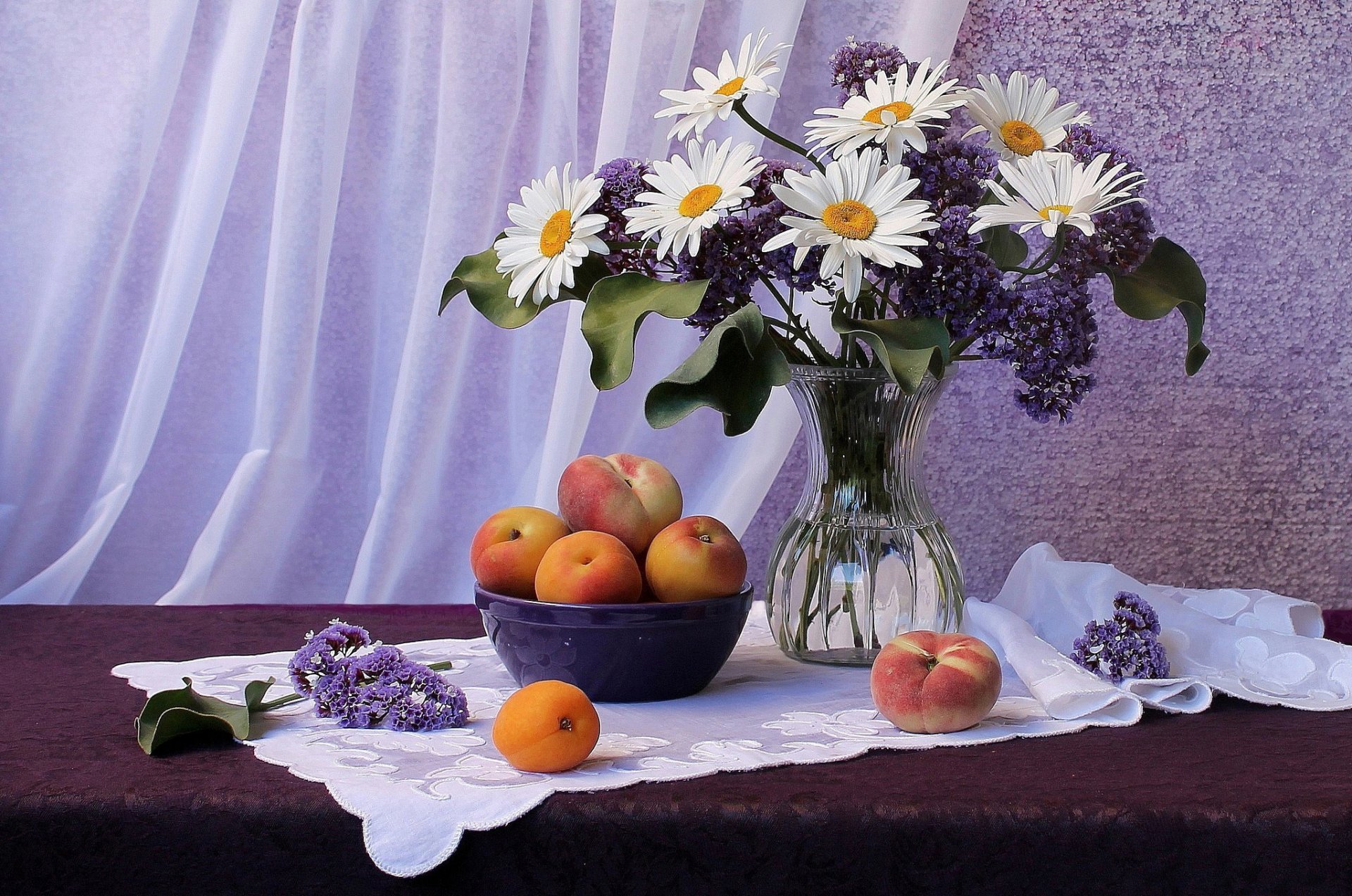 art peinture peinture sur table bouquet marguerites lilas pêches abricots