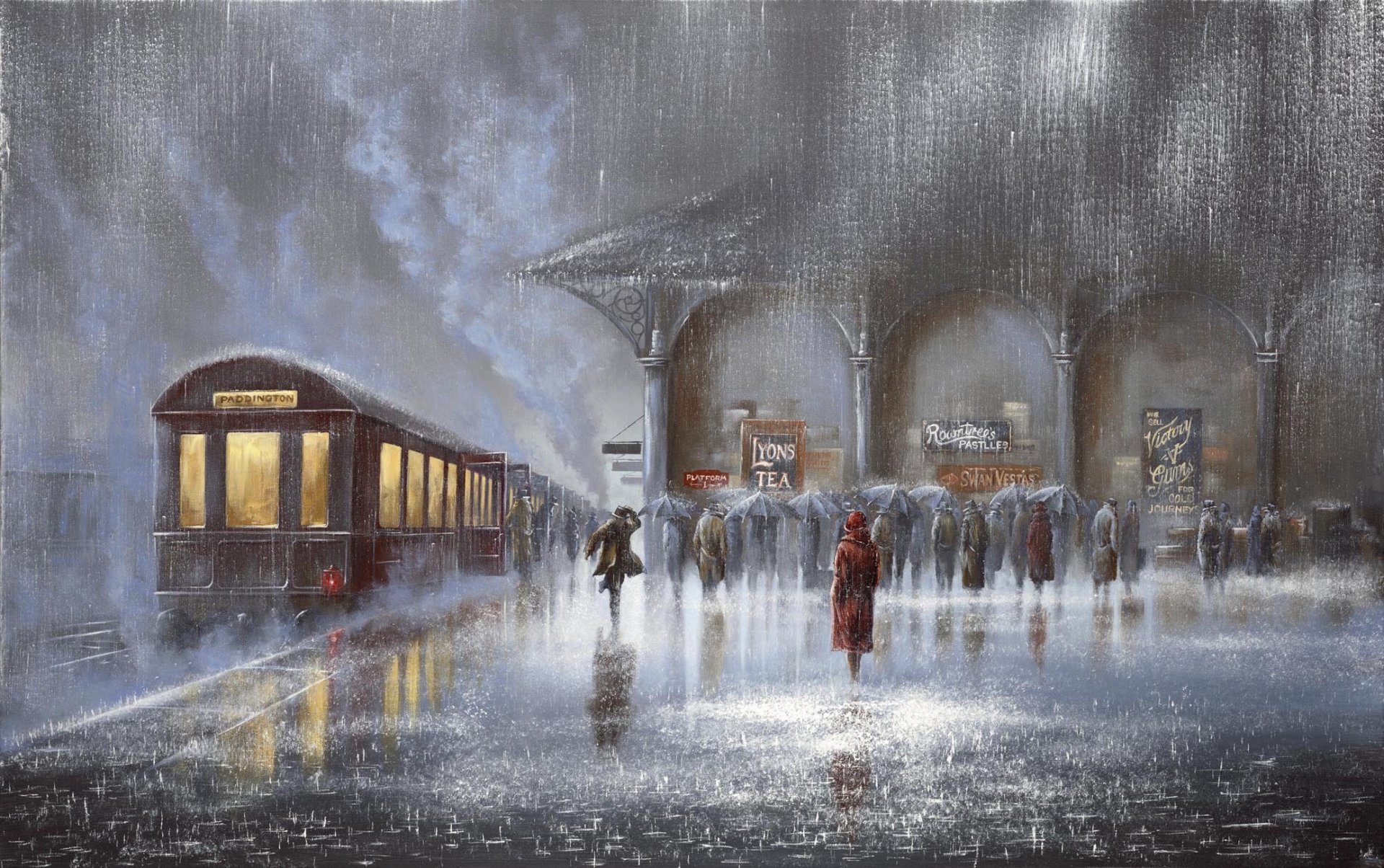 painting jeff rowland train station rain downpour two meeting man woman people umbrellas carriage train platform