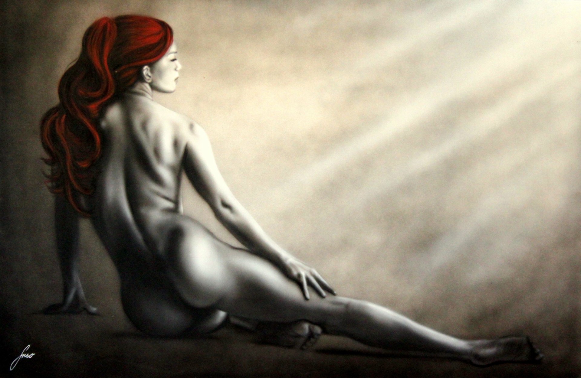 painting girl the body pose bends spin feet hands face section hair red background