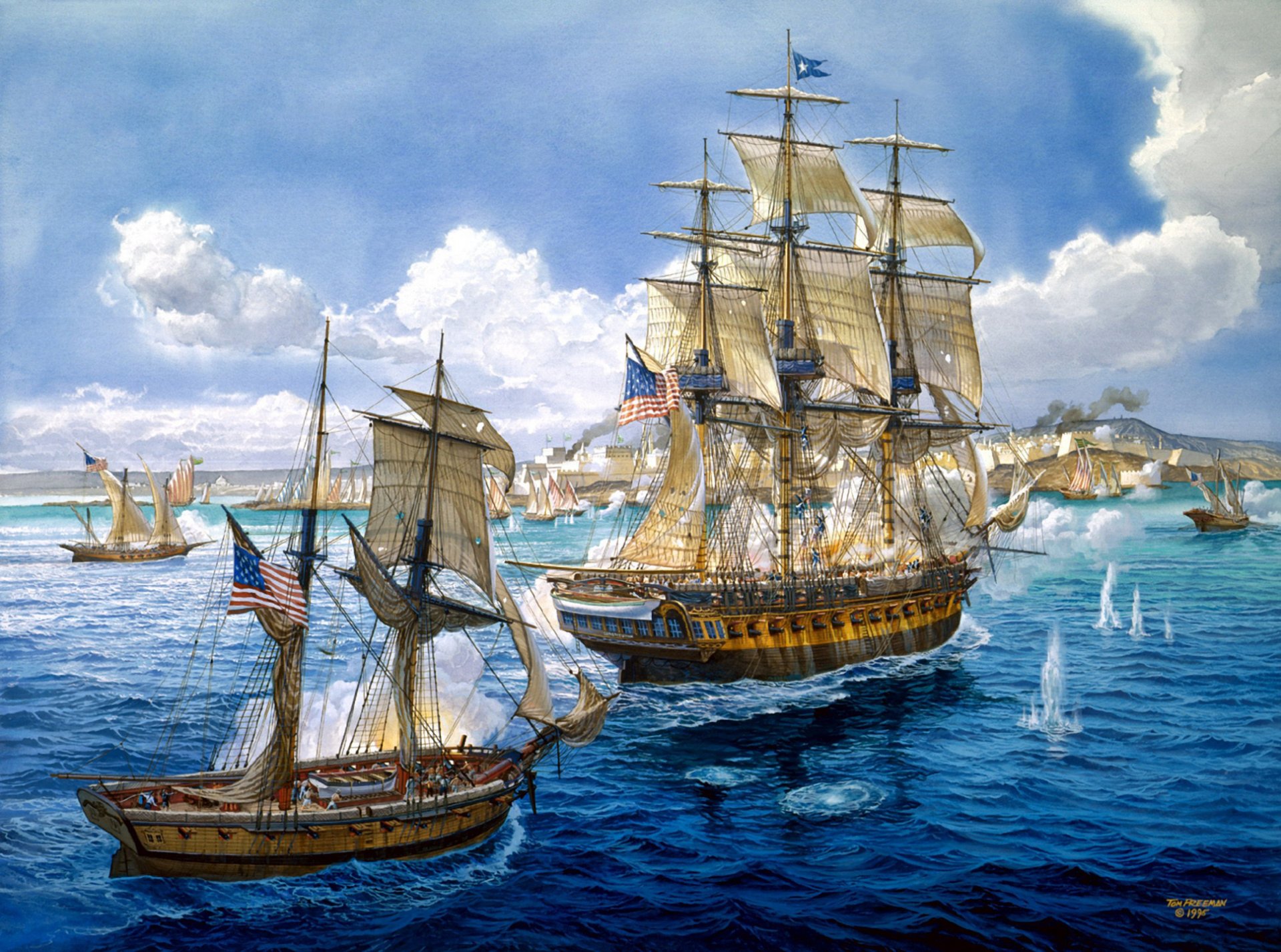 art marine peinture navires marine bataille volées canons par côtière position ennemi paiement de fer artiste tom freeman