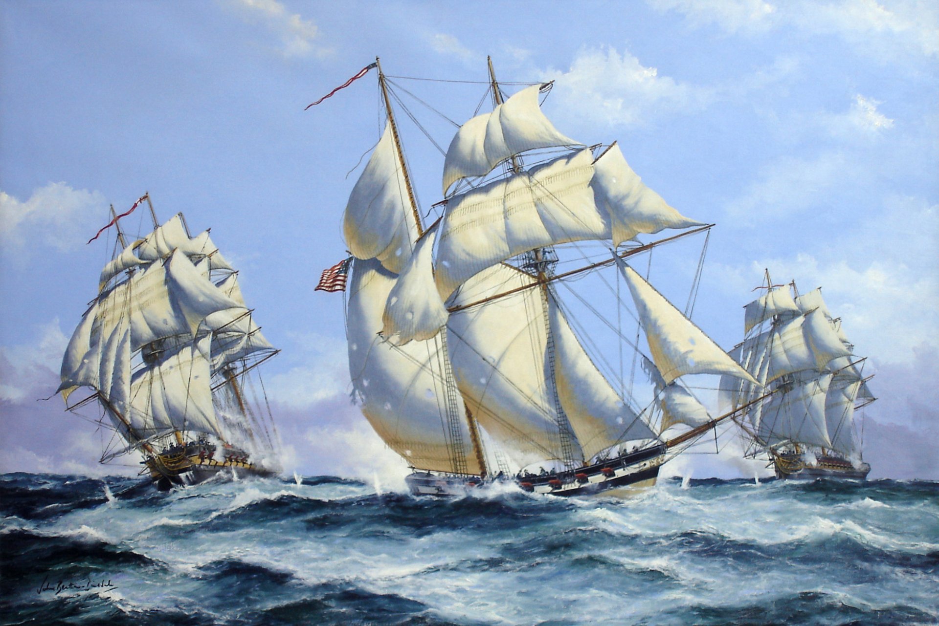 art fleet painting marine battle ships sailboats waves volleys guns artist john bentham