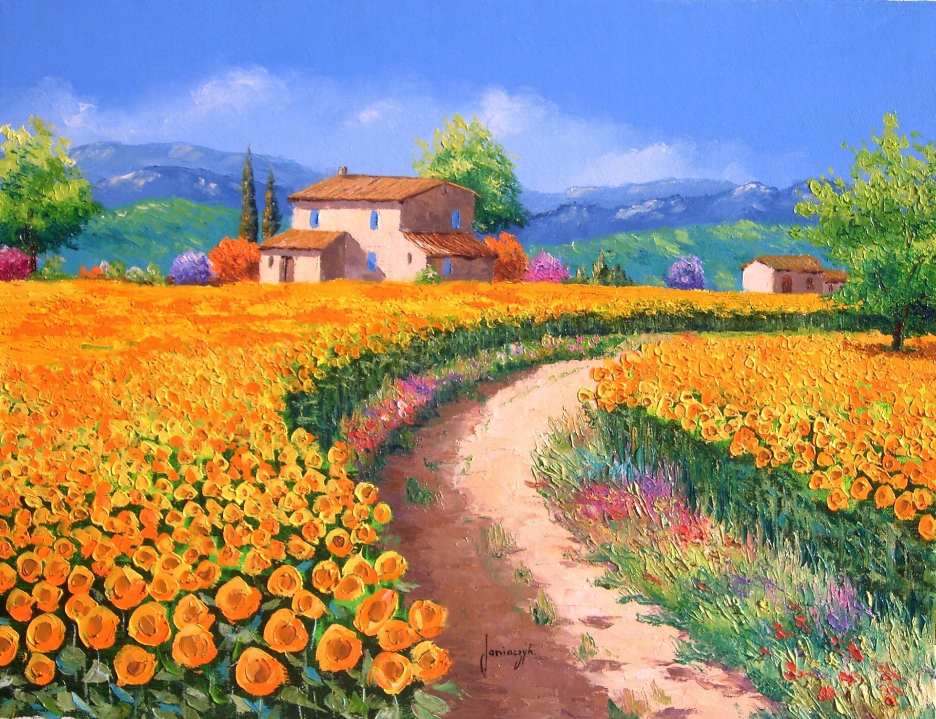 malerei landschaft kunst jean-marc janiaczyk häuser feld straße blumen sonnenblumen bäume berge hügel