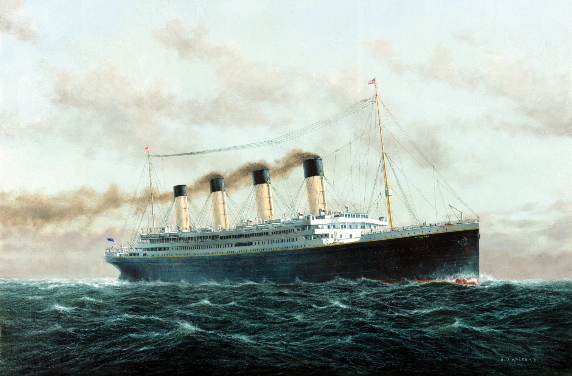 titanic passenger ship liner ship drawing on the move sea sky wave