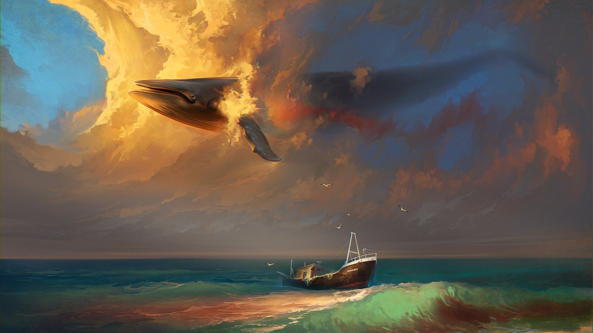 arte mar barco ballena cielo surrealismo nubes gaviotas pájaros olas