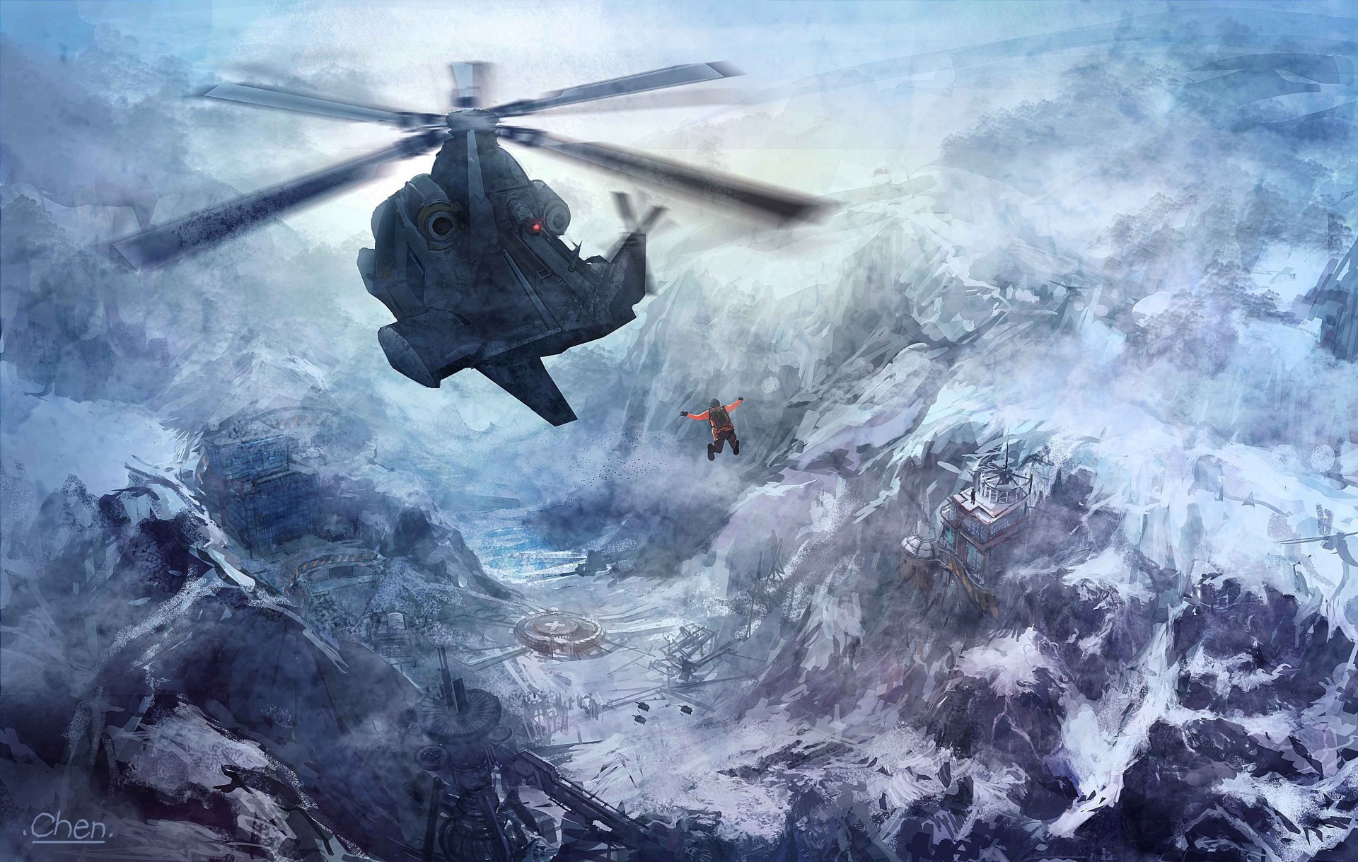 arte richardchen helicóptero montaña nieve hombre vuelo base