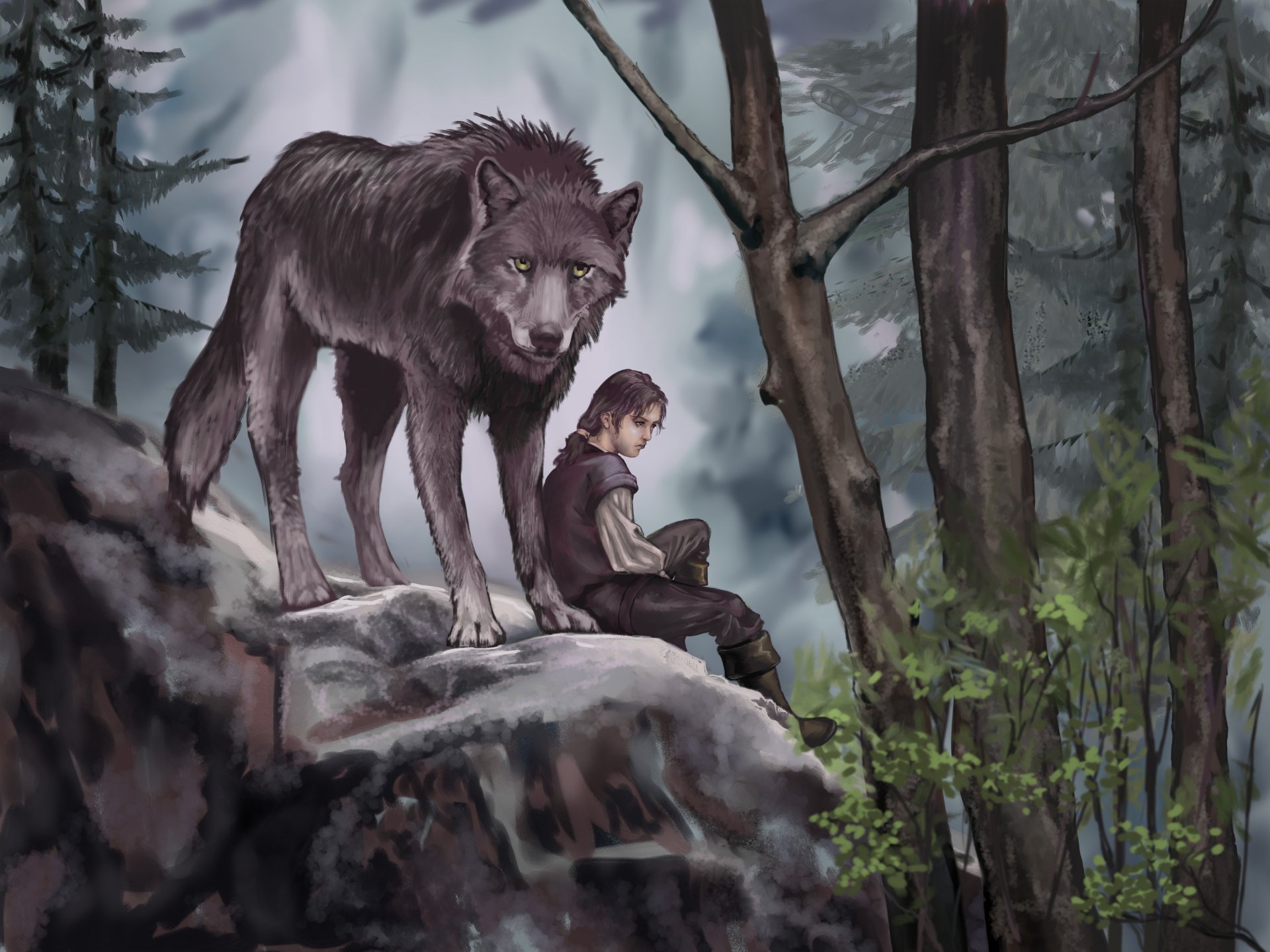 game of thrones arya stark nymeria malerei kunst wolf raubtier tier wald bäume blätter