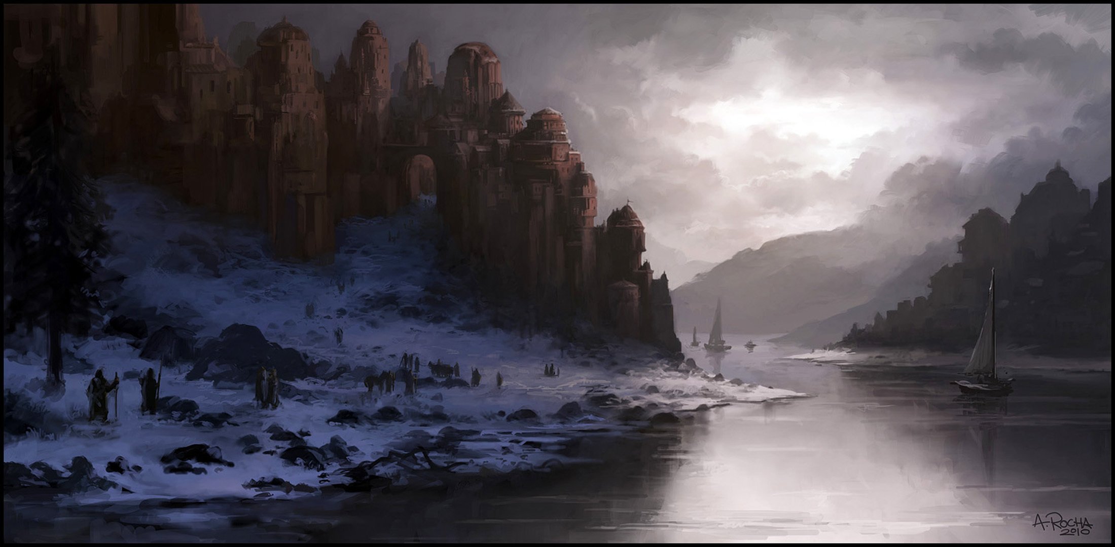 andreas rocha arte inverno neve crepuscolo castello fiume navi cielo nuvole persone