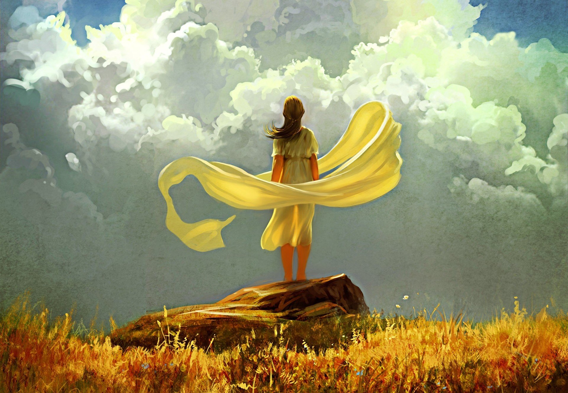 art girl stone sky clouds cloth wind grass yellow autumn