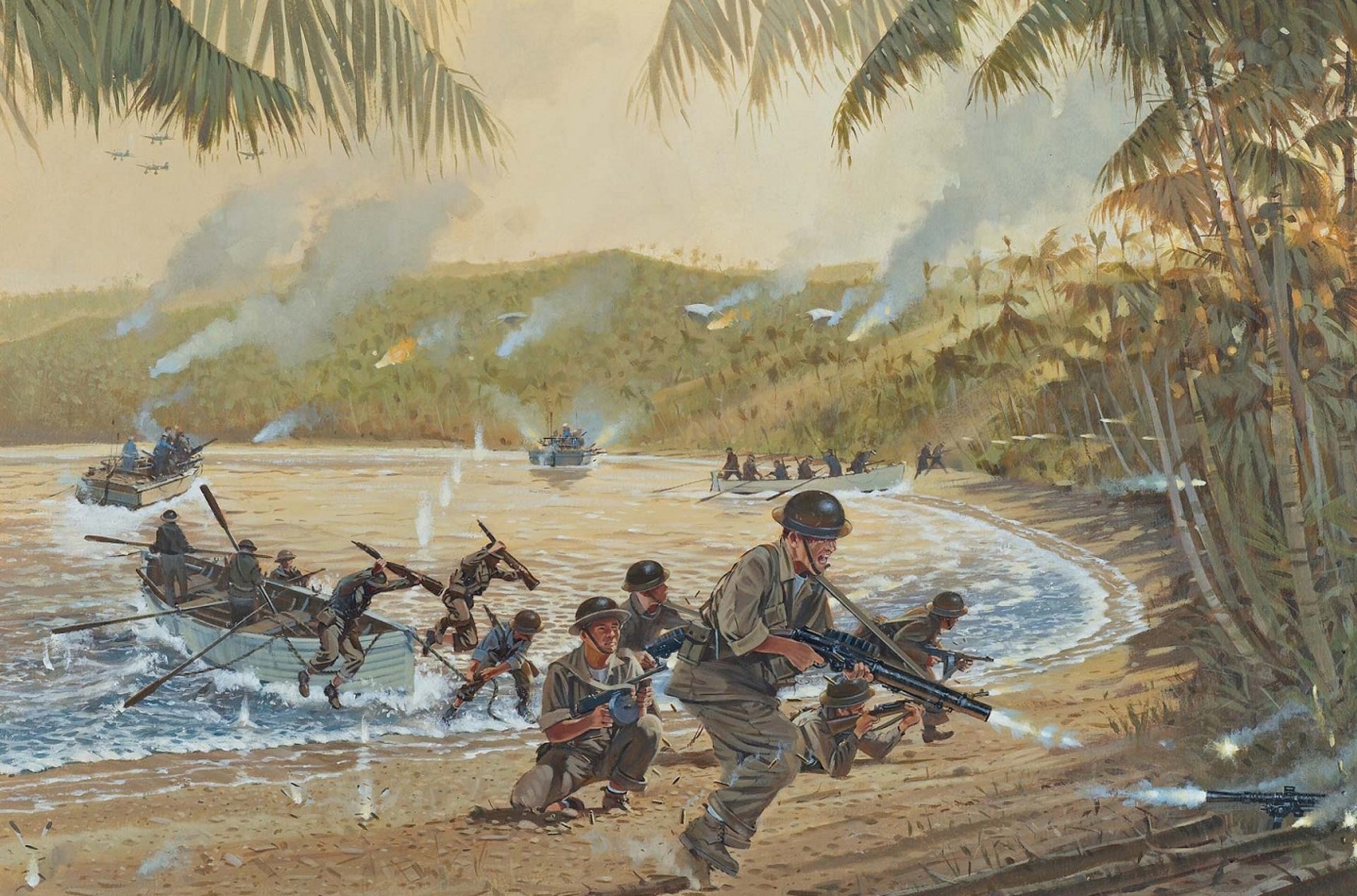 filipinas guerra laguna barcos barcos desembarco soldados ametralladoras rifles disparos rupturas fuego humo ww2 dibujo