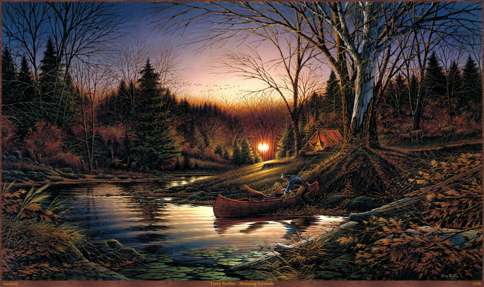 terry redlin soledad de la mañana pintura otoño mañana amanecer bosque tienda río barco perro ciervos aves migratorias