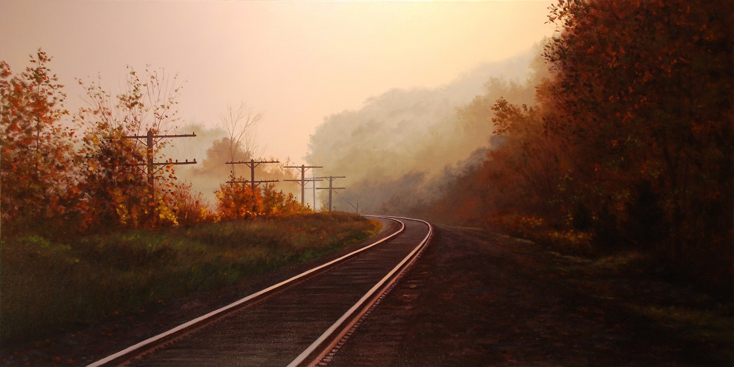 pittura paesaggio arte brian slawson autunno rotaie ferrovia foresta alberi pilastri nebbia