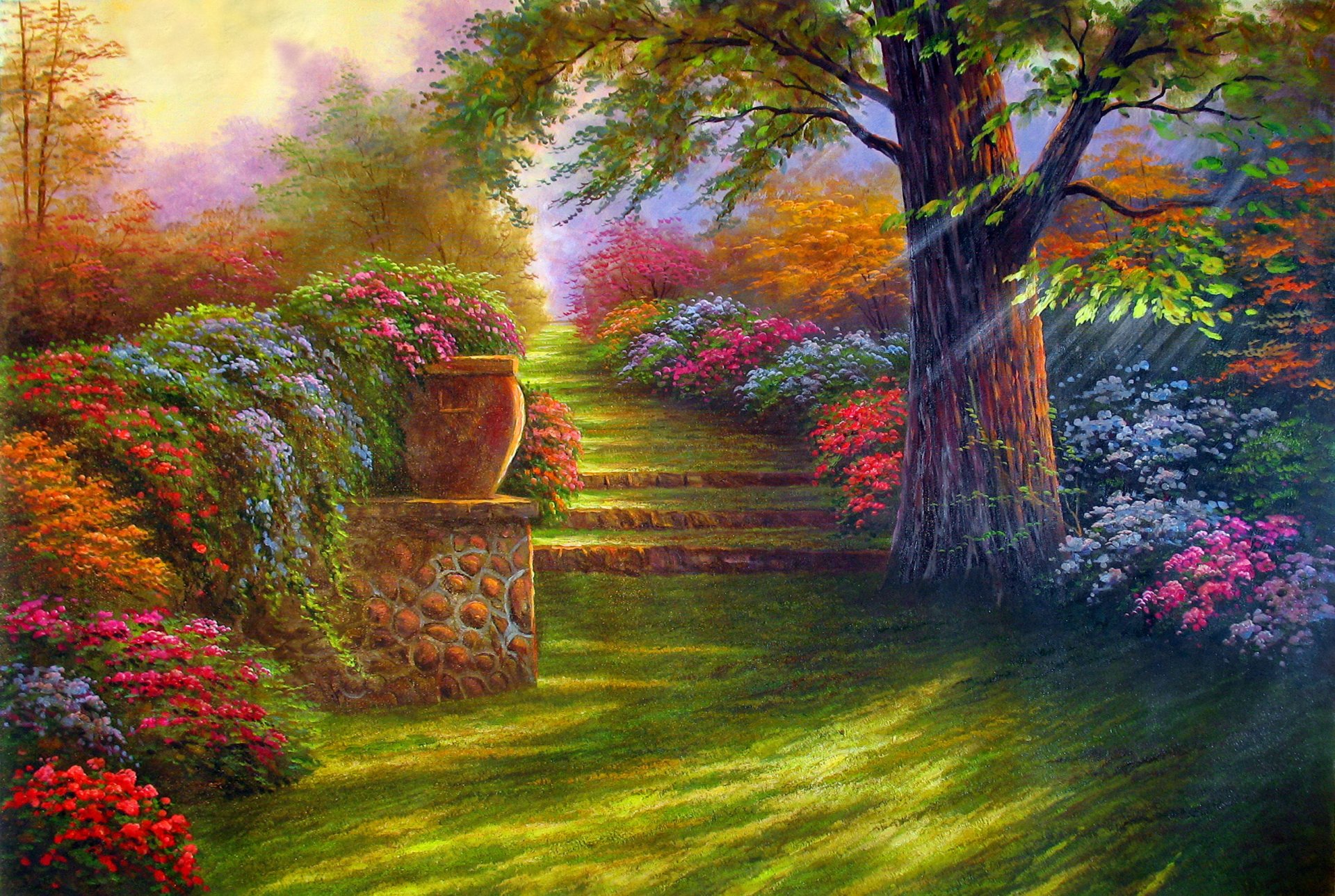 peinture jardin fleurs route marches nature arbre paysage