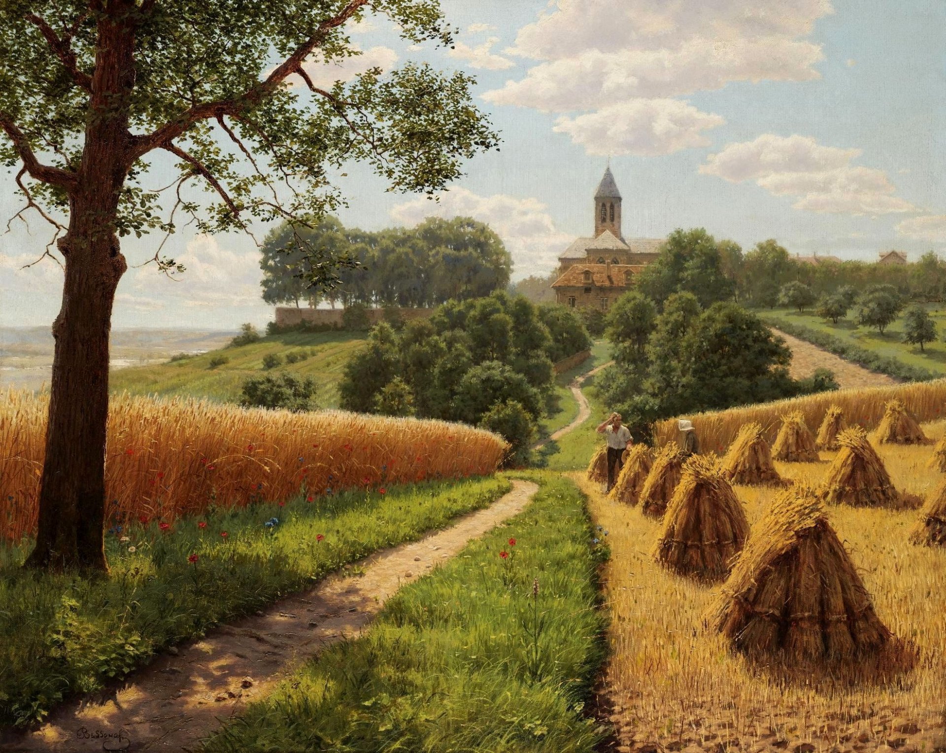 pattern landscape boris bessonov the field wheat tree bundles path house light sky cloud