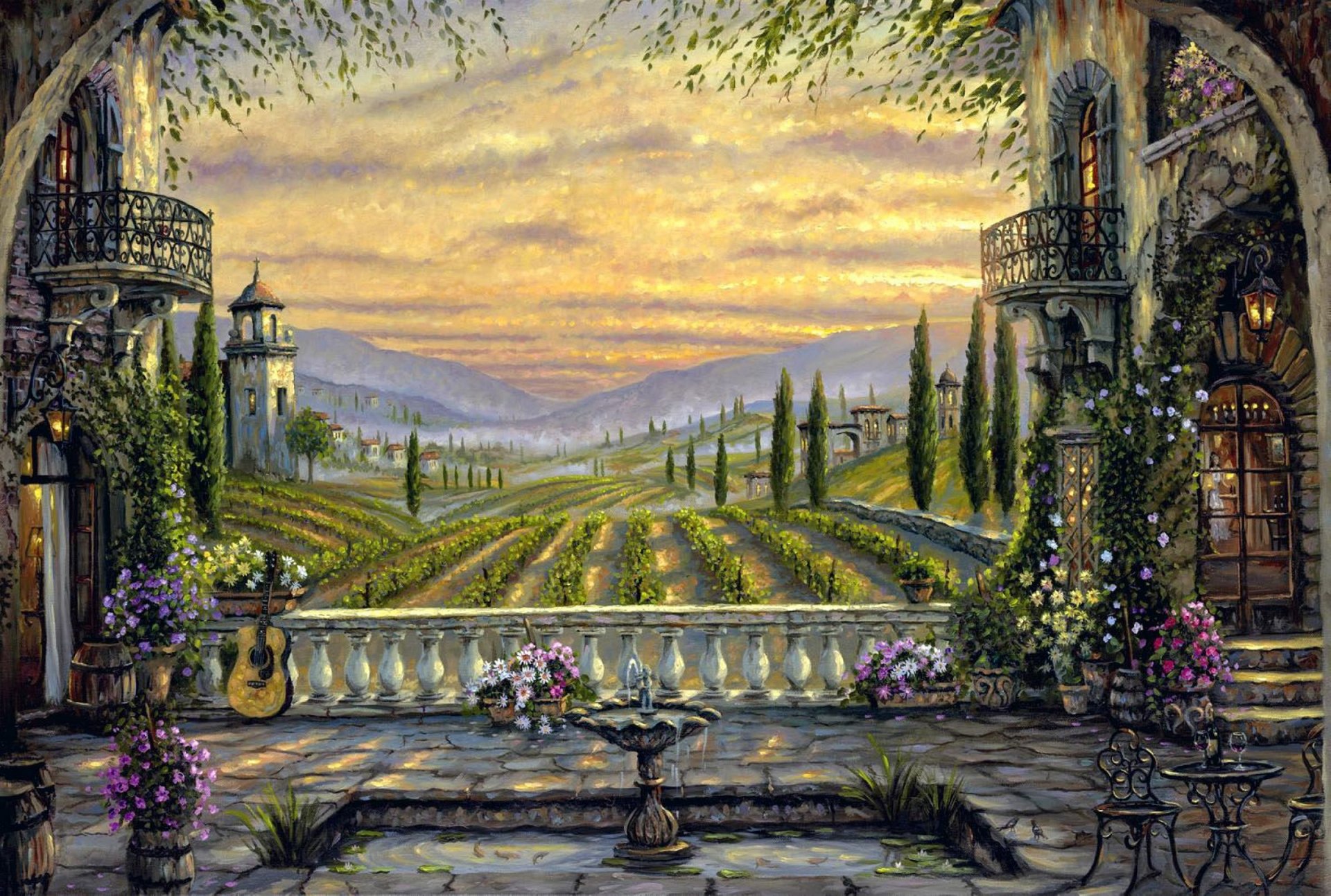 pittura robert finale cortile italia fontana balconi chitarra fiori campo alberi cappella casette nebbia