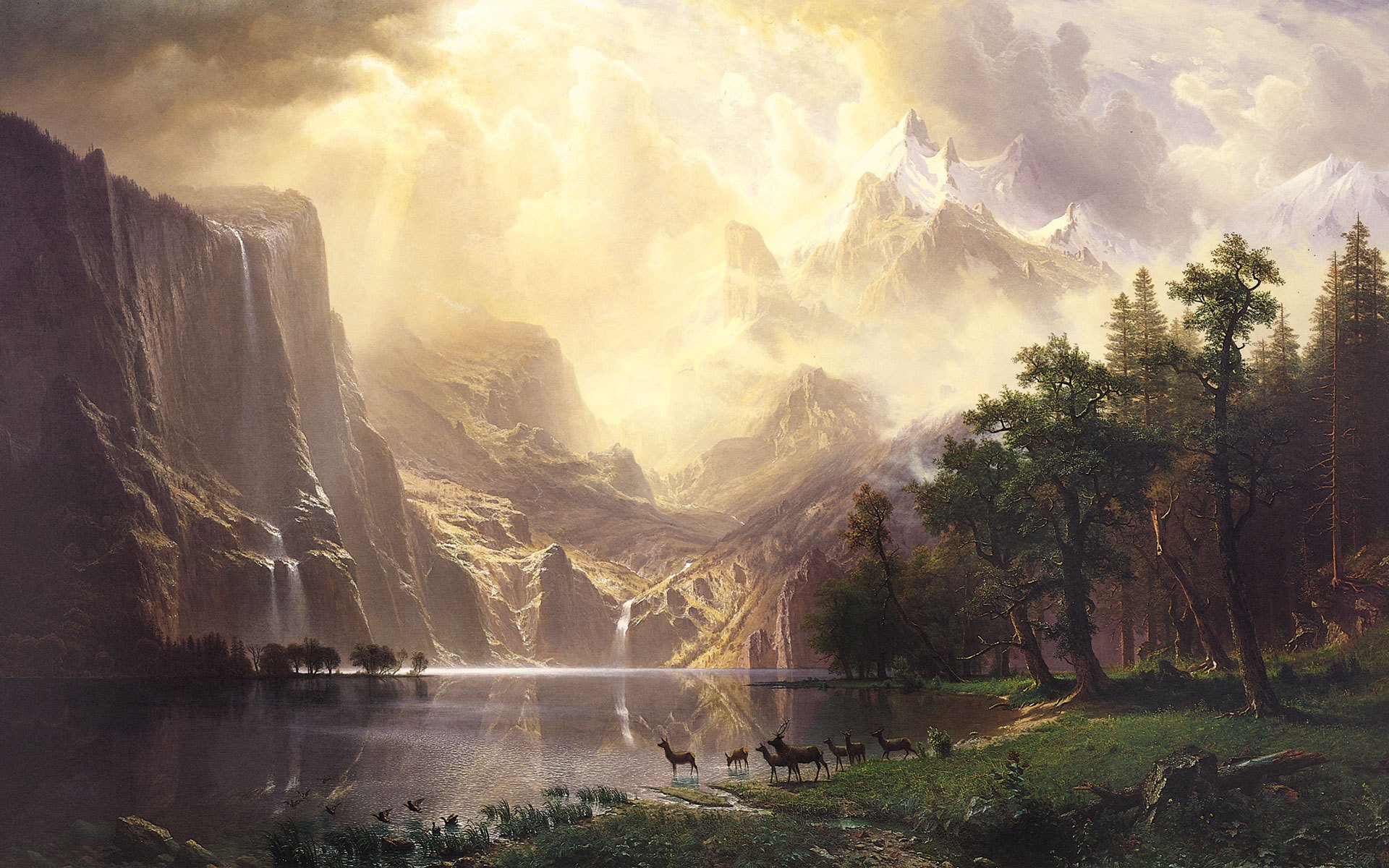 bierstadt paesaggio montagne cascata lago cervi foresta cielo