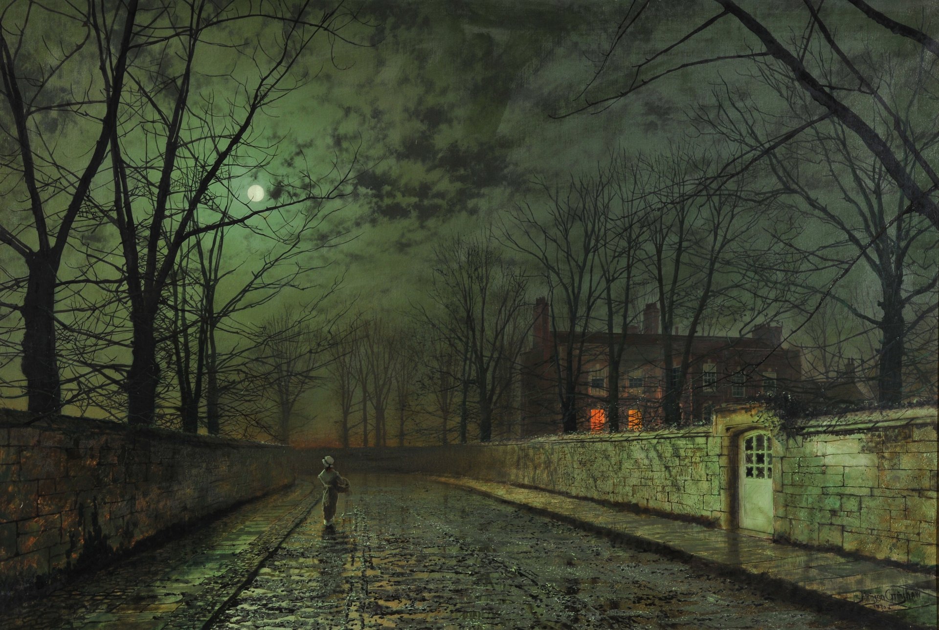 pattern john atkinson grimshaw night moon street girl house fence doors gate window light road clouds tree branches autumn dark