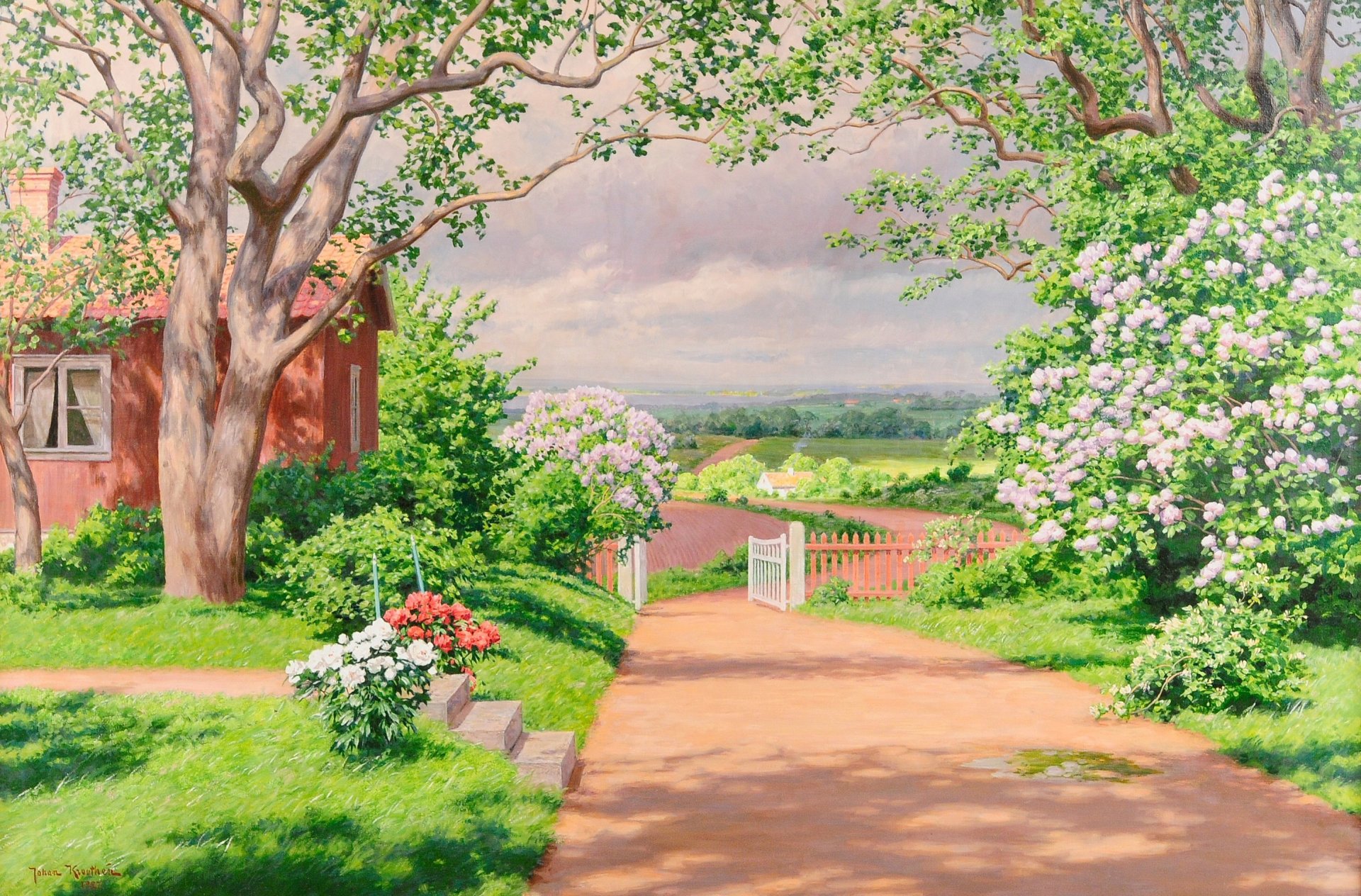 bild landschaft johan krouthen sommer hütte fenster ferienhaus garten gehweg zaun tor bäume büsche blumen grüns felder dorf