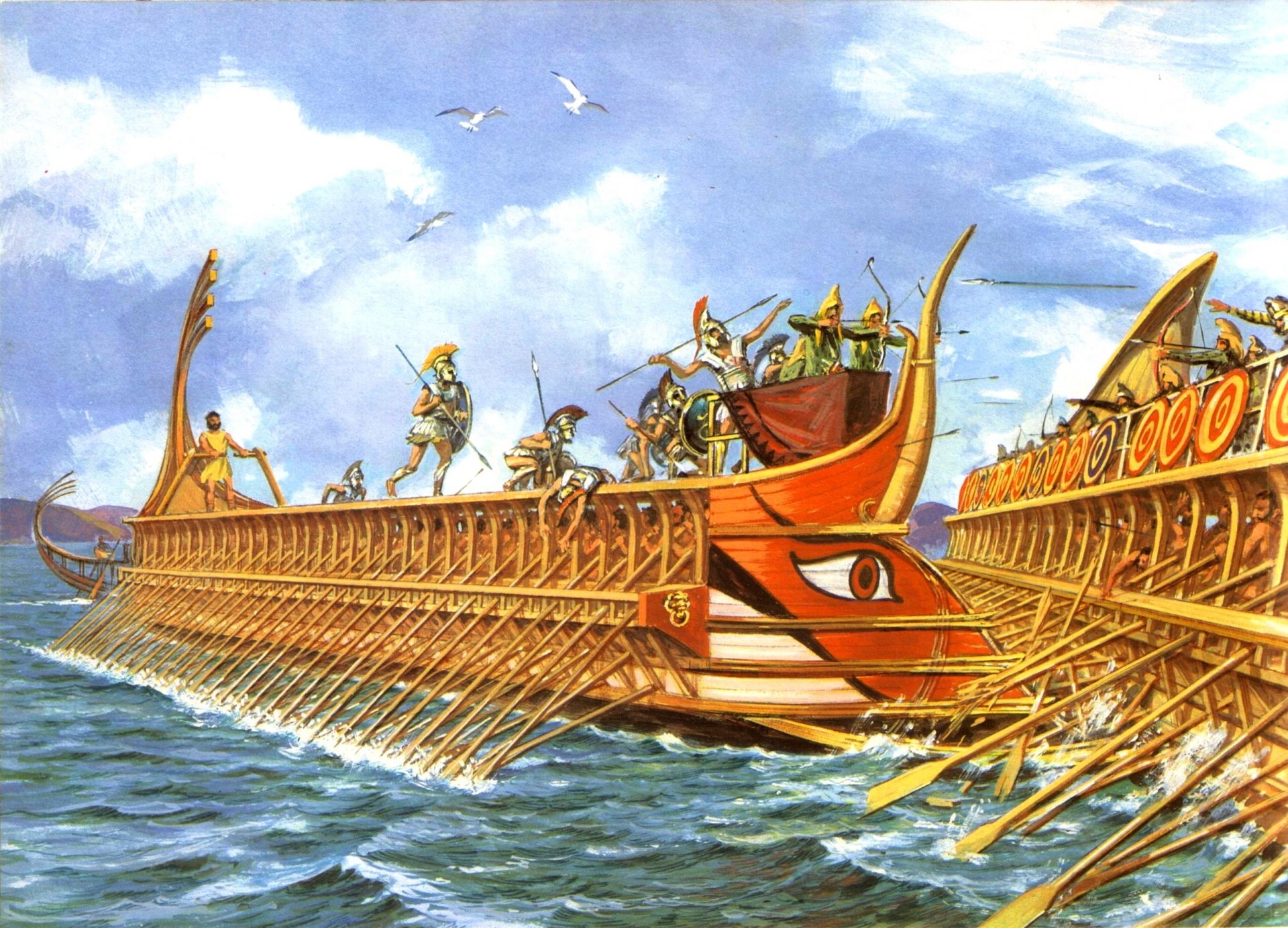 golfe saronique mer égée salamine marine bataille 480 av. j.-c. grecs perses trirema triera bélier hoplites lances boucliers épées arcs flèches ciel nuages oiseaux dessin