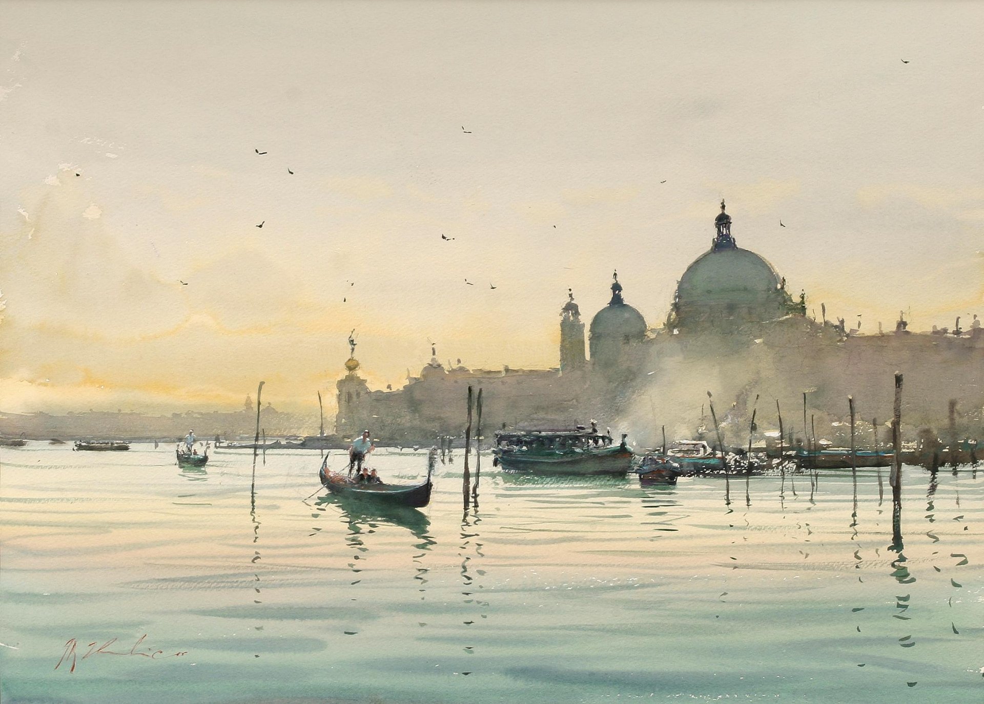 aquarelle joseph zbukvic ville venise italie matin bateaux gondole eau oiseaux