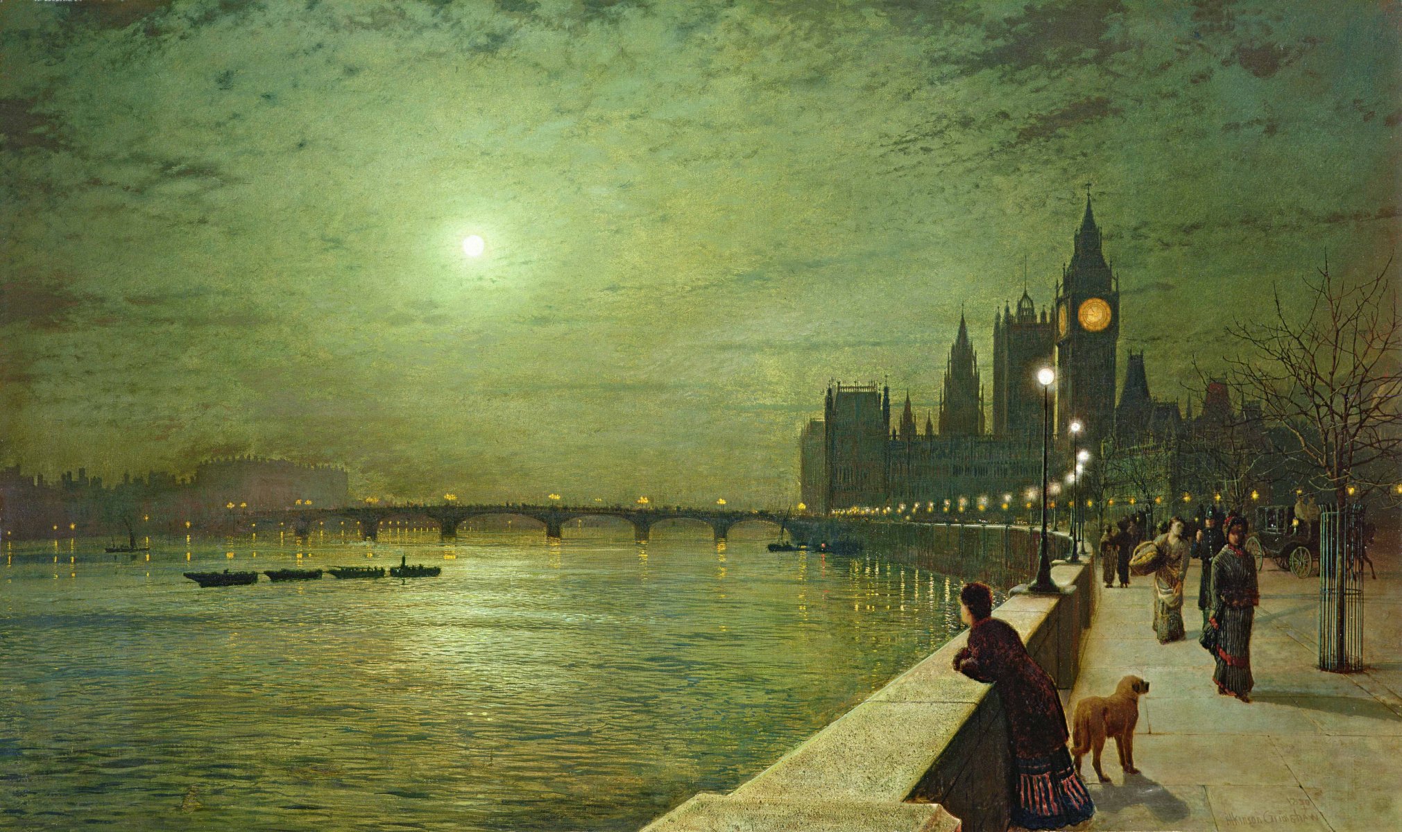 bild john atkinson grimshaw nacht mond böschung brüstung brücke fluss laternen boote turm big ben london menschen hund