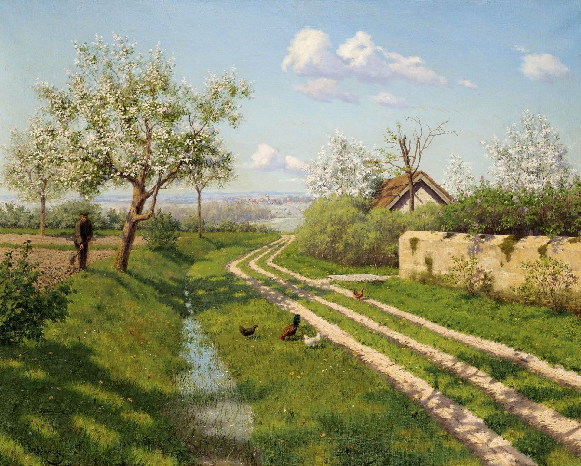 bild landschaft boris bessonov frühling dorf haus dach bäume blüte straße straßenrand gras hühner