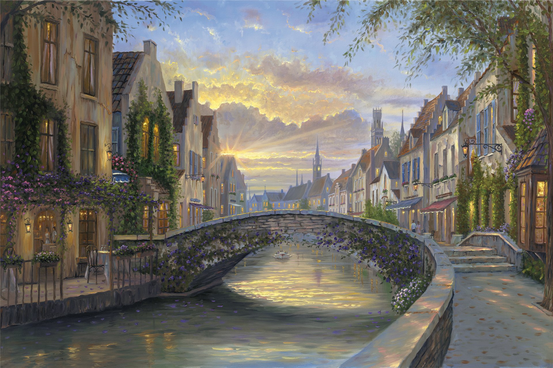 robert finale réflexion de la belgique peinture belgique soirée coucher de soleil maisons pont rivière canal d eau fleurs