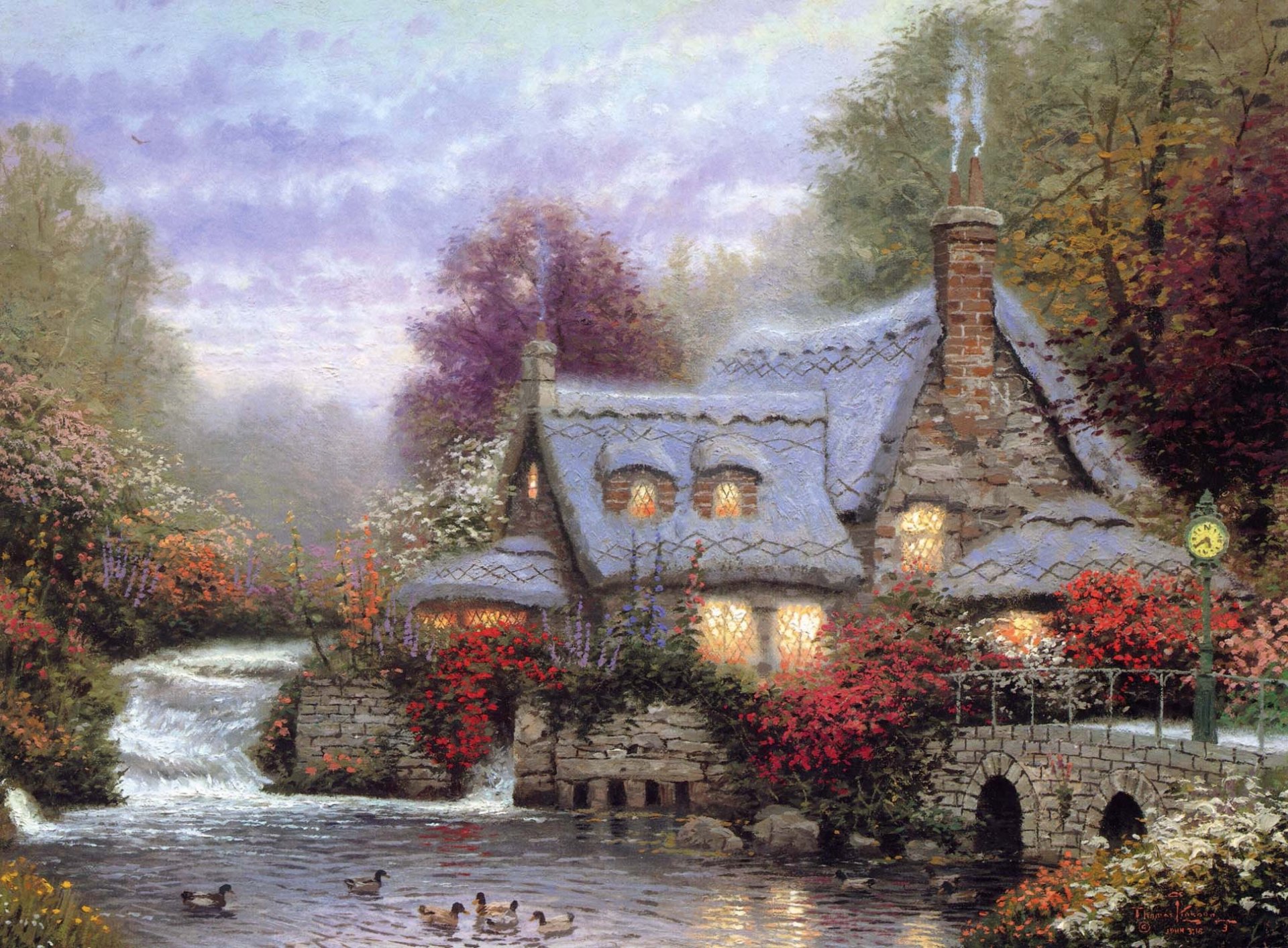 miller s cottage thomas kincaid kincaid abend cottage hütte blumen enten brücke fluss dunst gemütlichkeit wärme