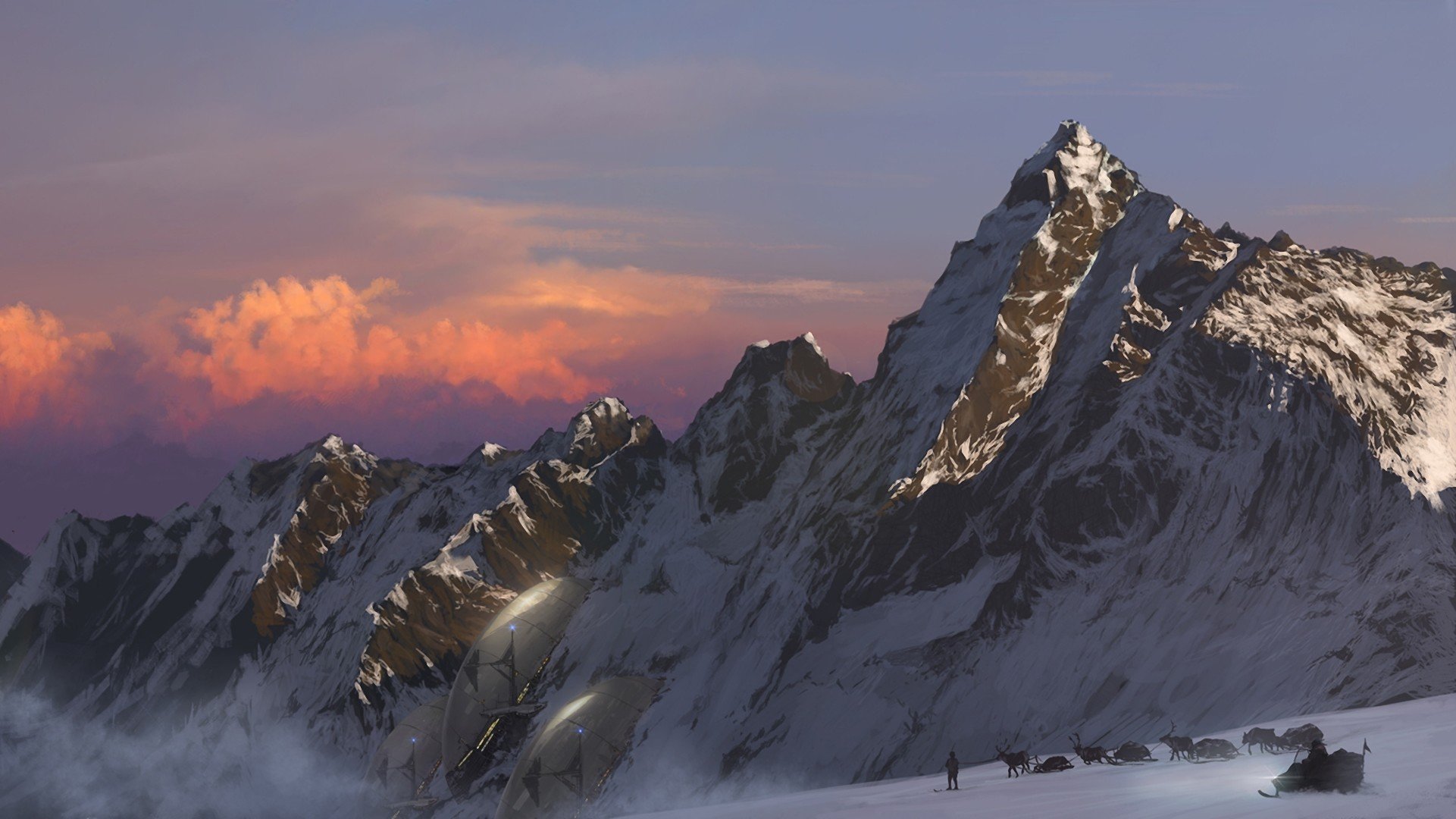 arte montañas cresta nieve personas viajeros esquí ciervos trineo