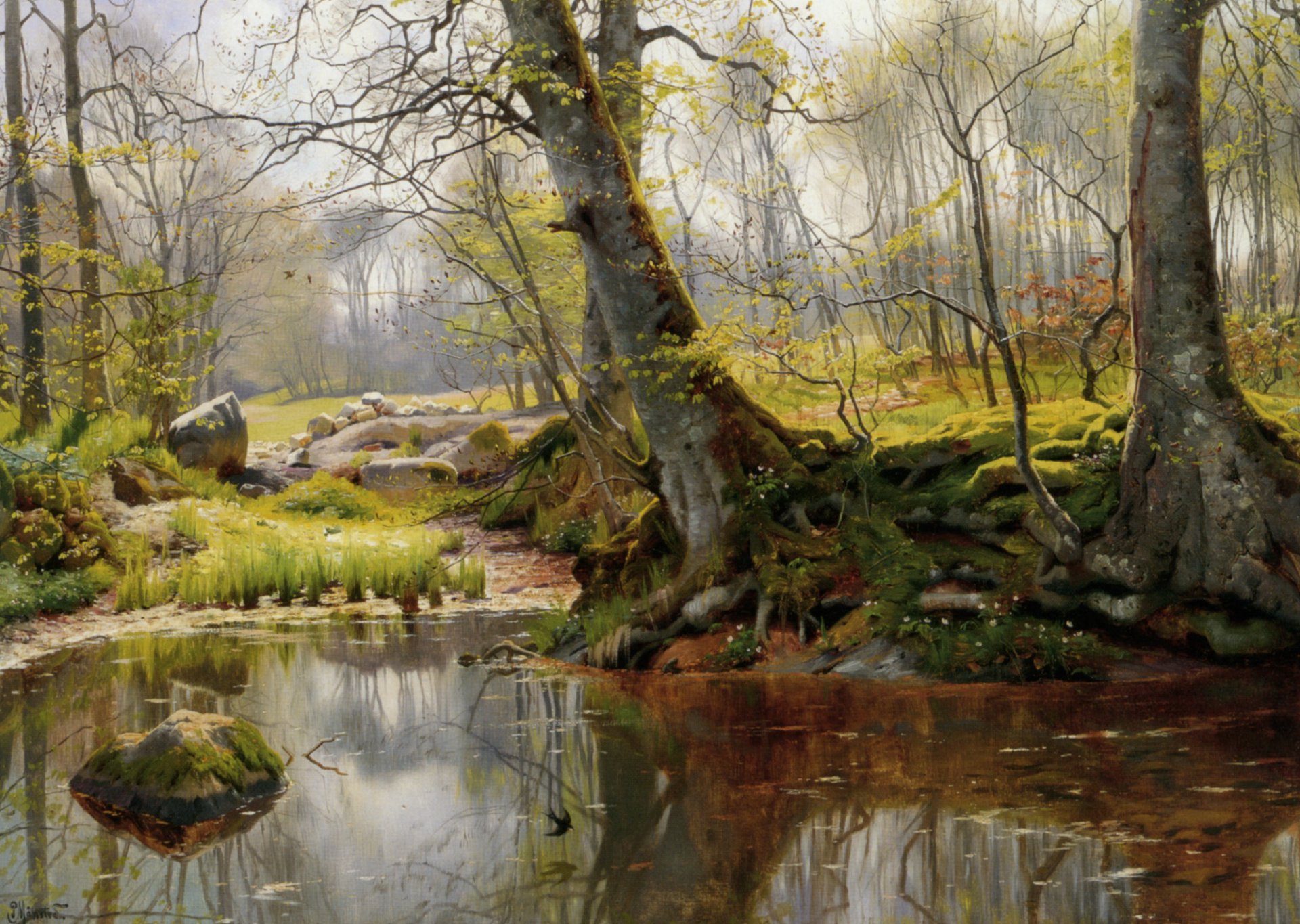 peinture paysage peder mork monsted forêt lac arbres racines mousse réflexion pierres