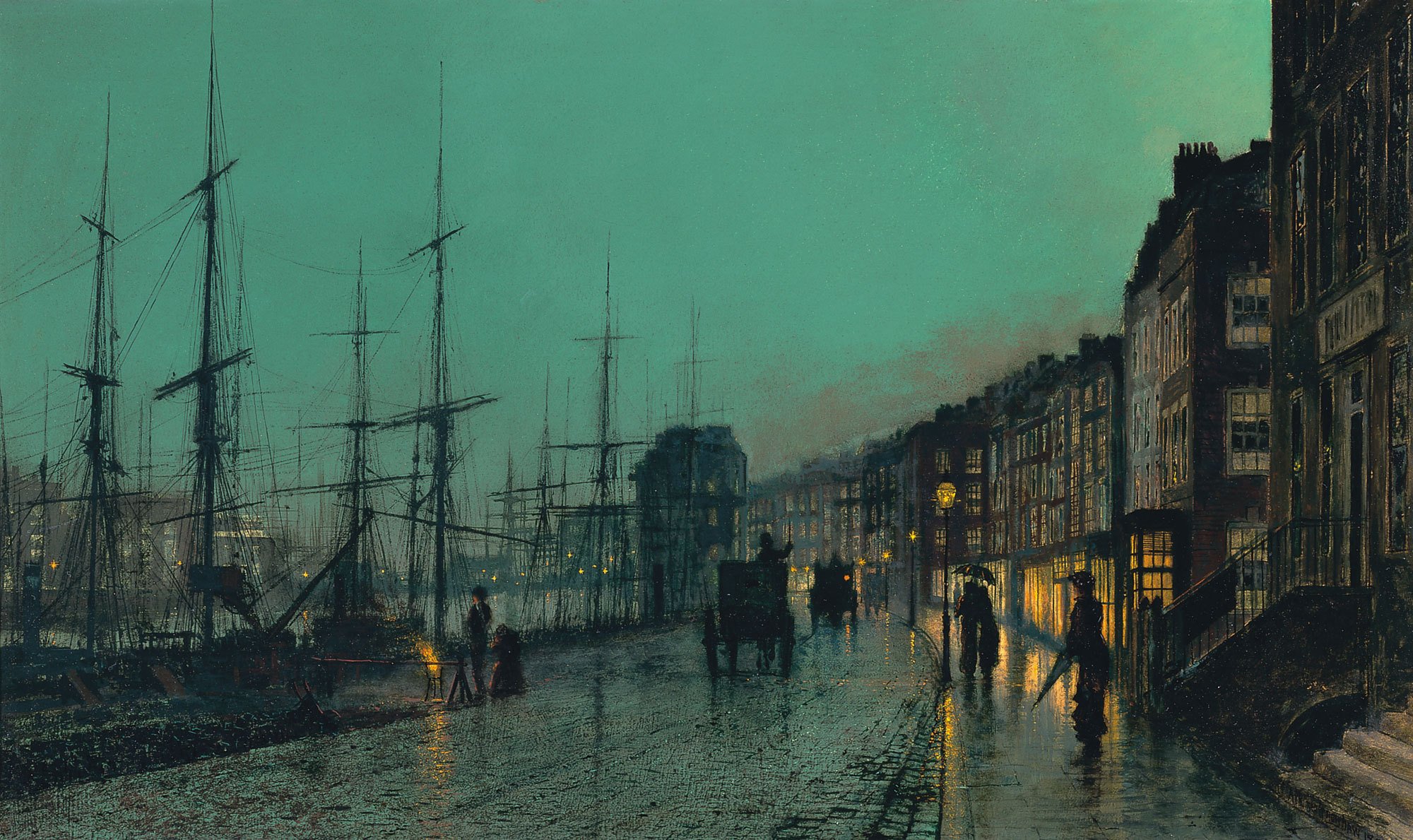 malerei john atkinson grimshaw nacht straße stadt hafen pier schiffe mast pflasterstein kutsche häuser