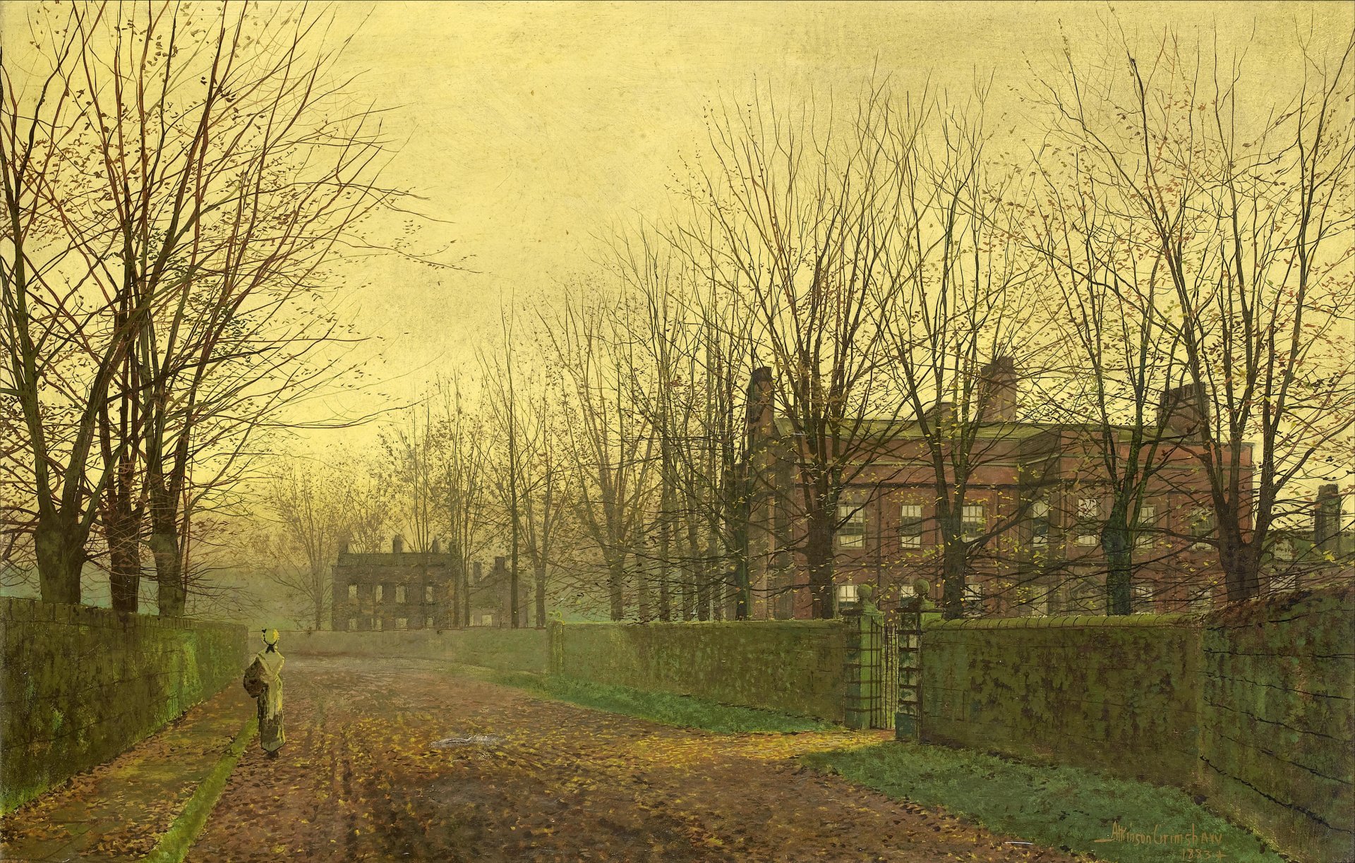 malerei john atkinson grimshow herbst gasse straße bäume zweige blätter häuser mädchen tor zaun