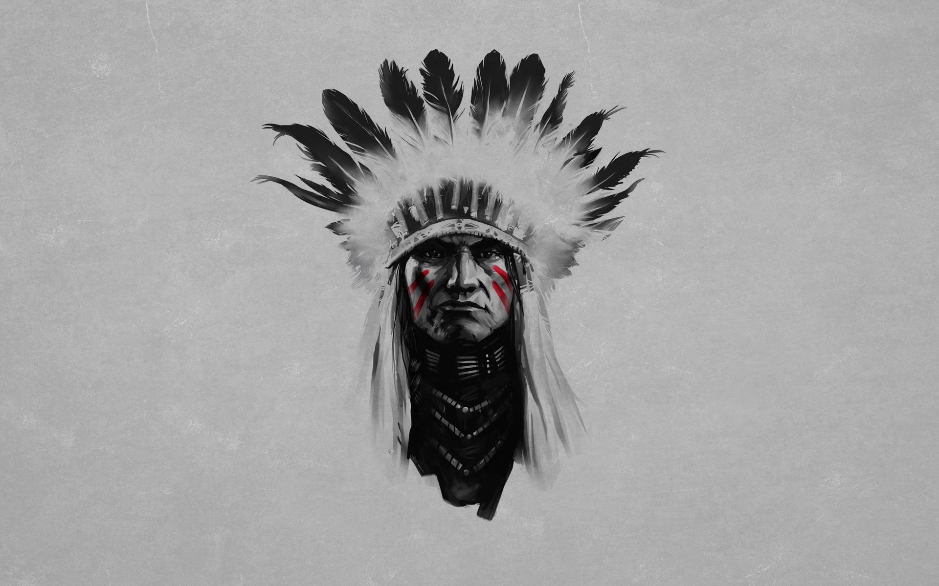 indian chief red feathers black and white red stripes serious painting