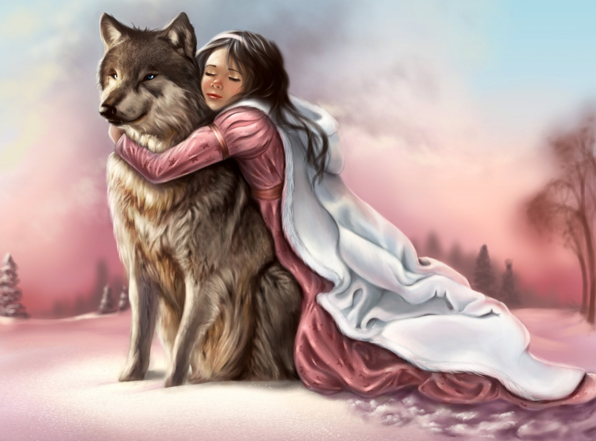 pintura arte chica vestido rosa cara ojos cerrados manos abrazos lobo animal depredador hocico mirada patas nieve invierno huellas cielo