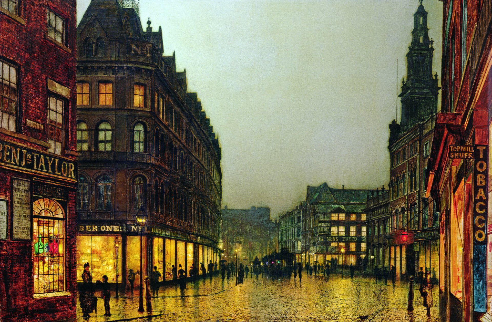 immagine john etkinson grimshaw città strada case vetrine persone insegne lanterne finestre luce