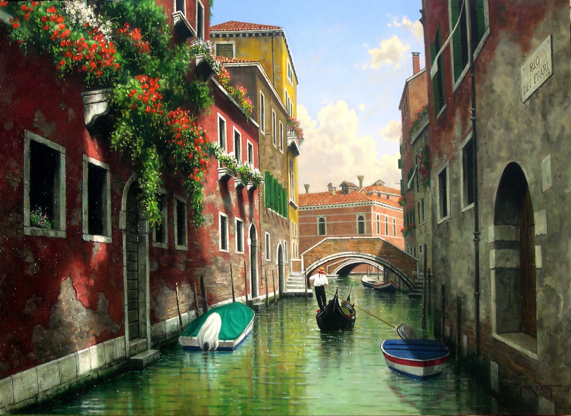 malerei mark petite venedig italien kanal häuser fenster brücke gondel boote balkone blumen wasser