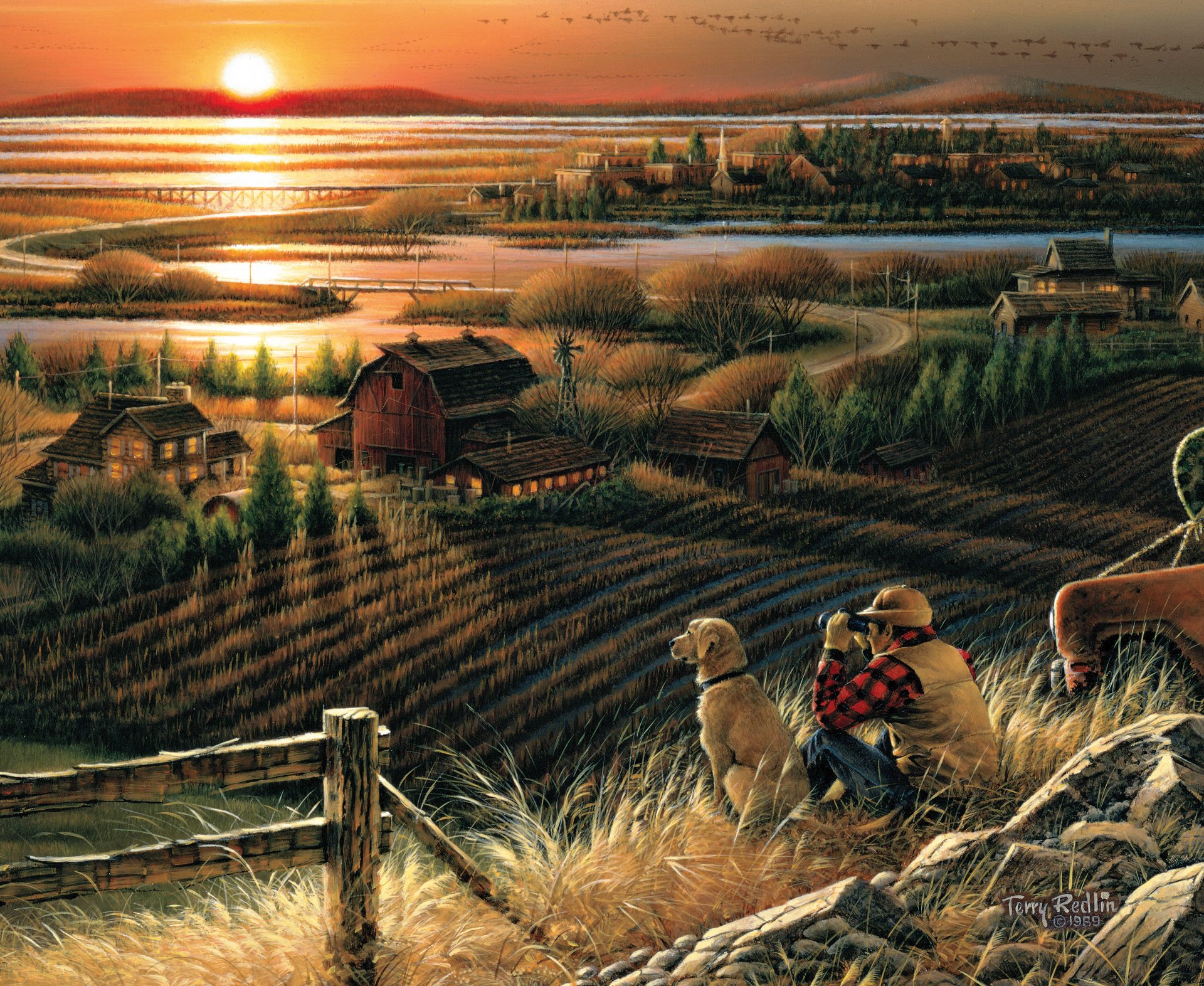 terry redlin meilleurs amis peinture automne soir coucher de soleil maison rivière pont champ chien jumelles oiseaux migrateurs