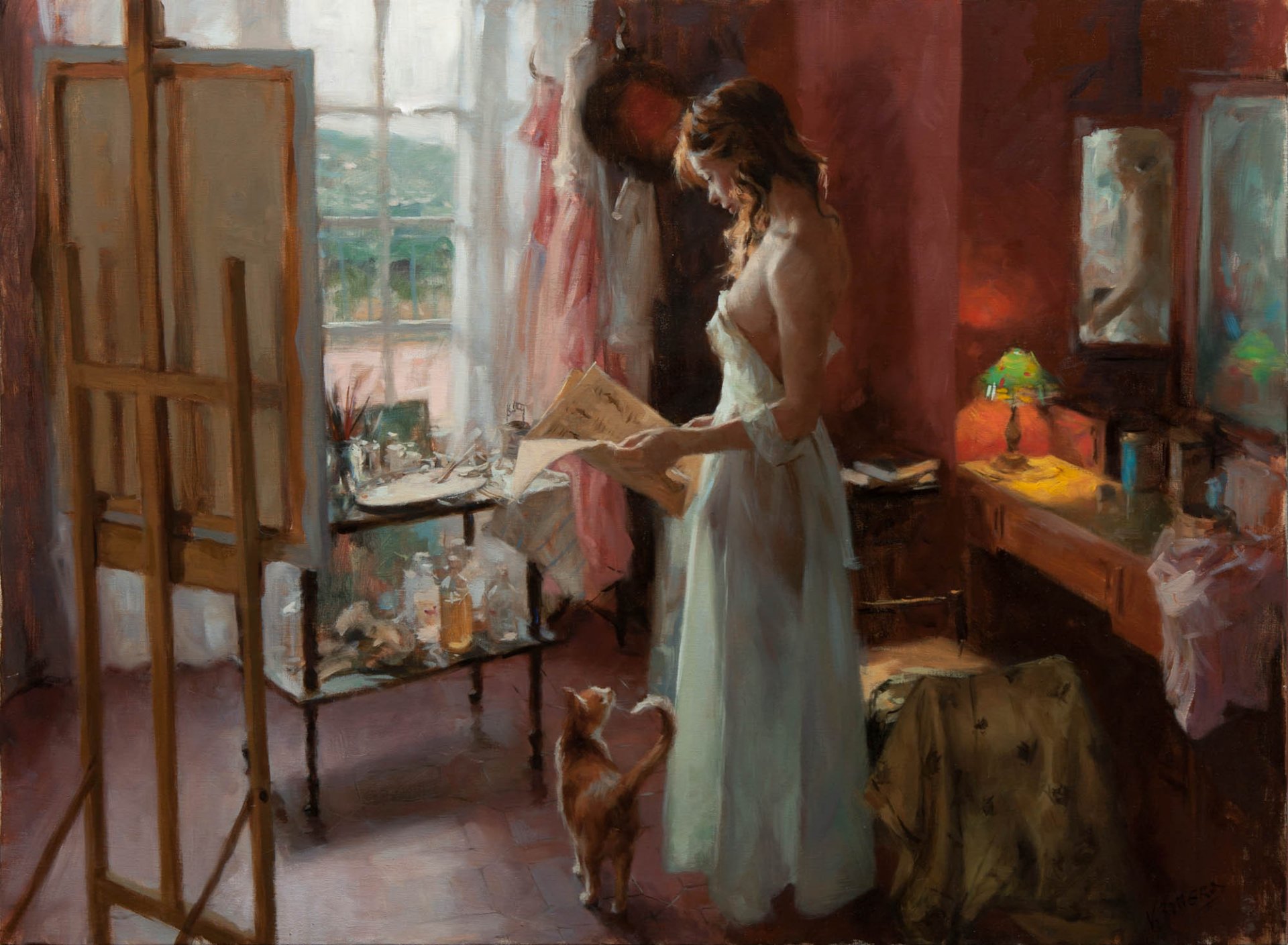 pintura arte vicente romero niña sábana gato habitación taller caballete mañana periódico escritorio espejo lámpara ventana