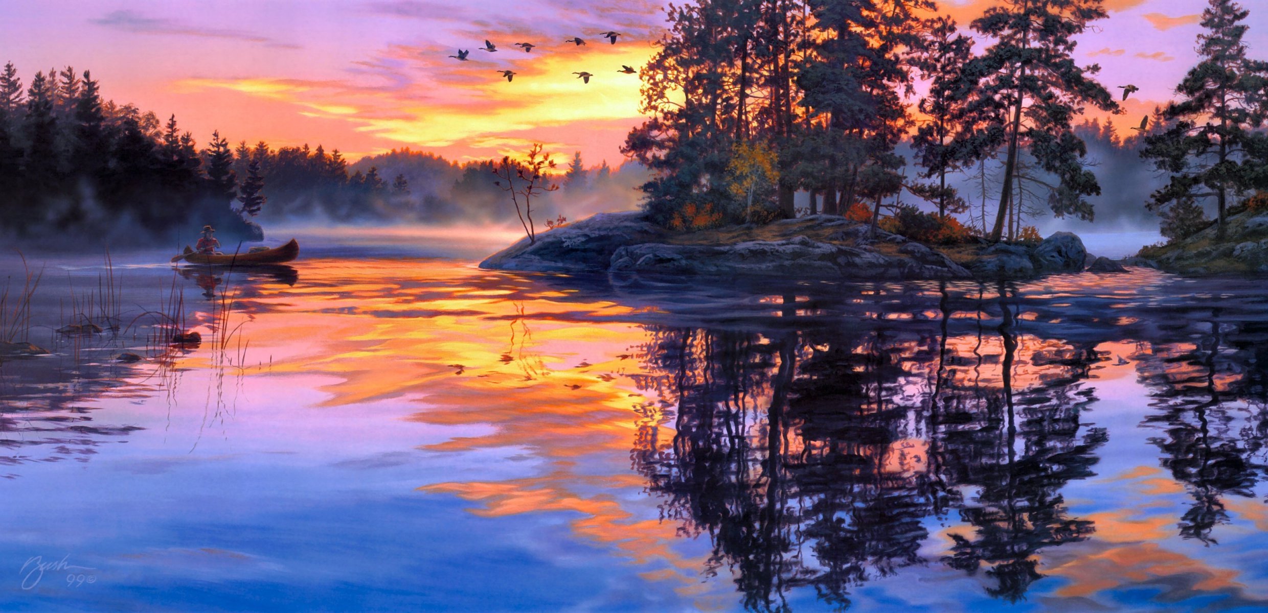 darrell bush lure of the wilderness river morning dawn fog boat island forest lake duck painting