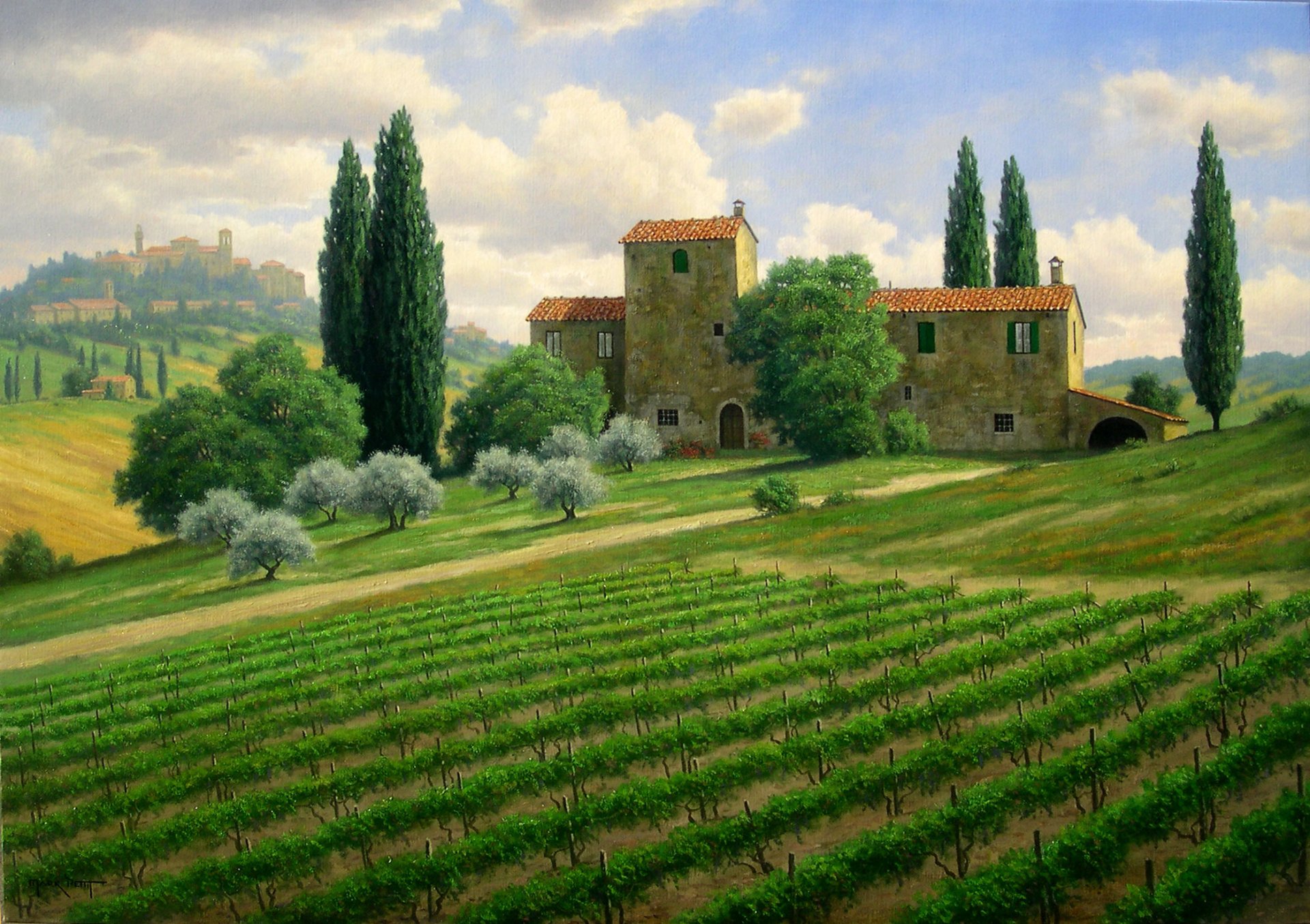 pittura paesaggio marc petite italia campi casa alberi cipressi colline vigneti