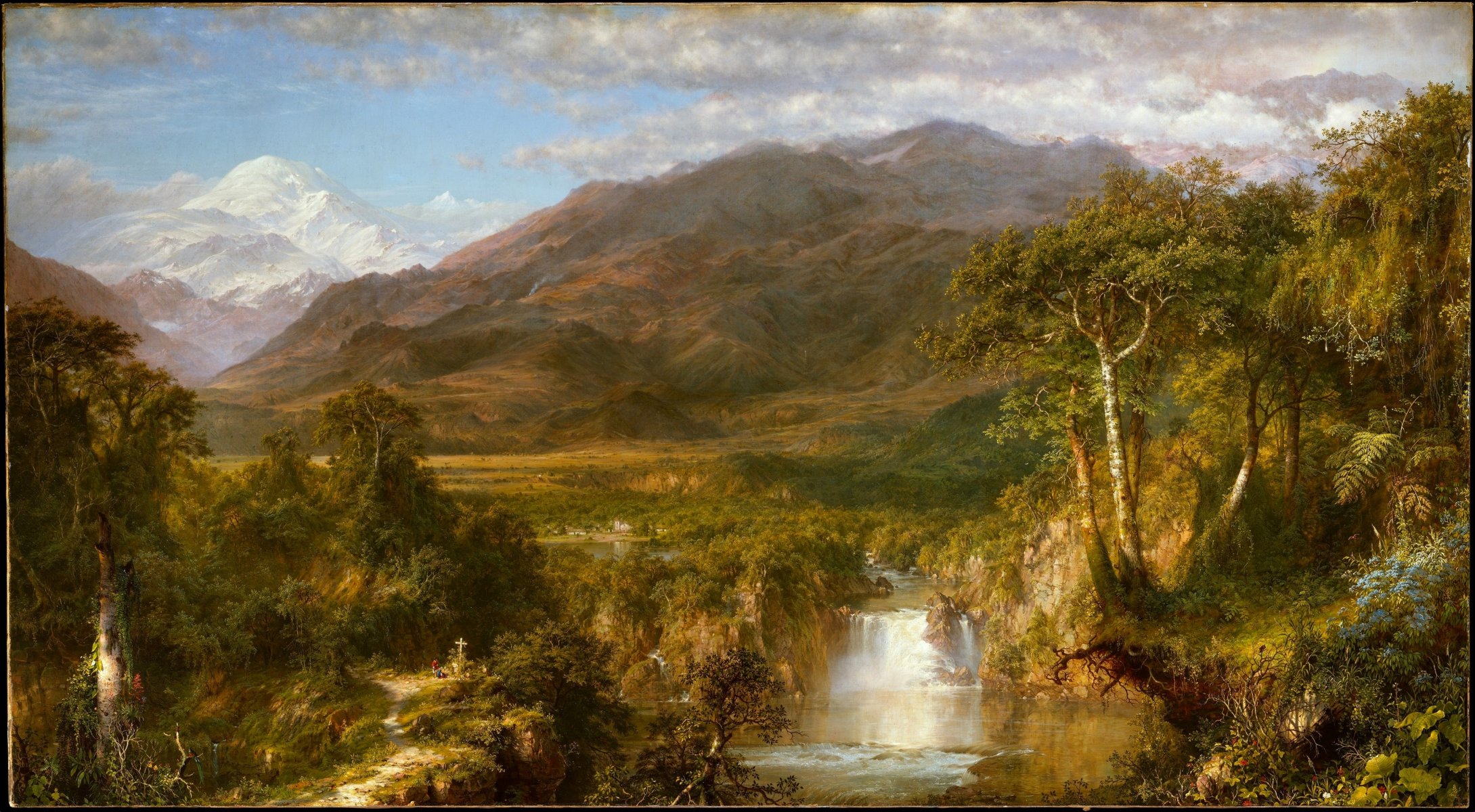 frederick edwin pintura montañas árboles cruz personas nubes cielo cumbre nieve follaje cascada acantilado sendero pájaro bayas flores pueblo